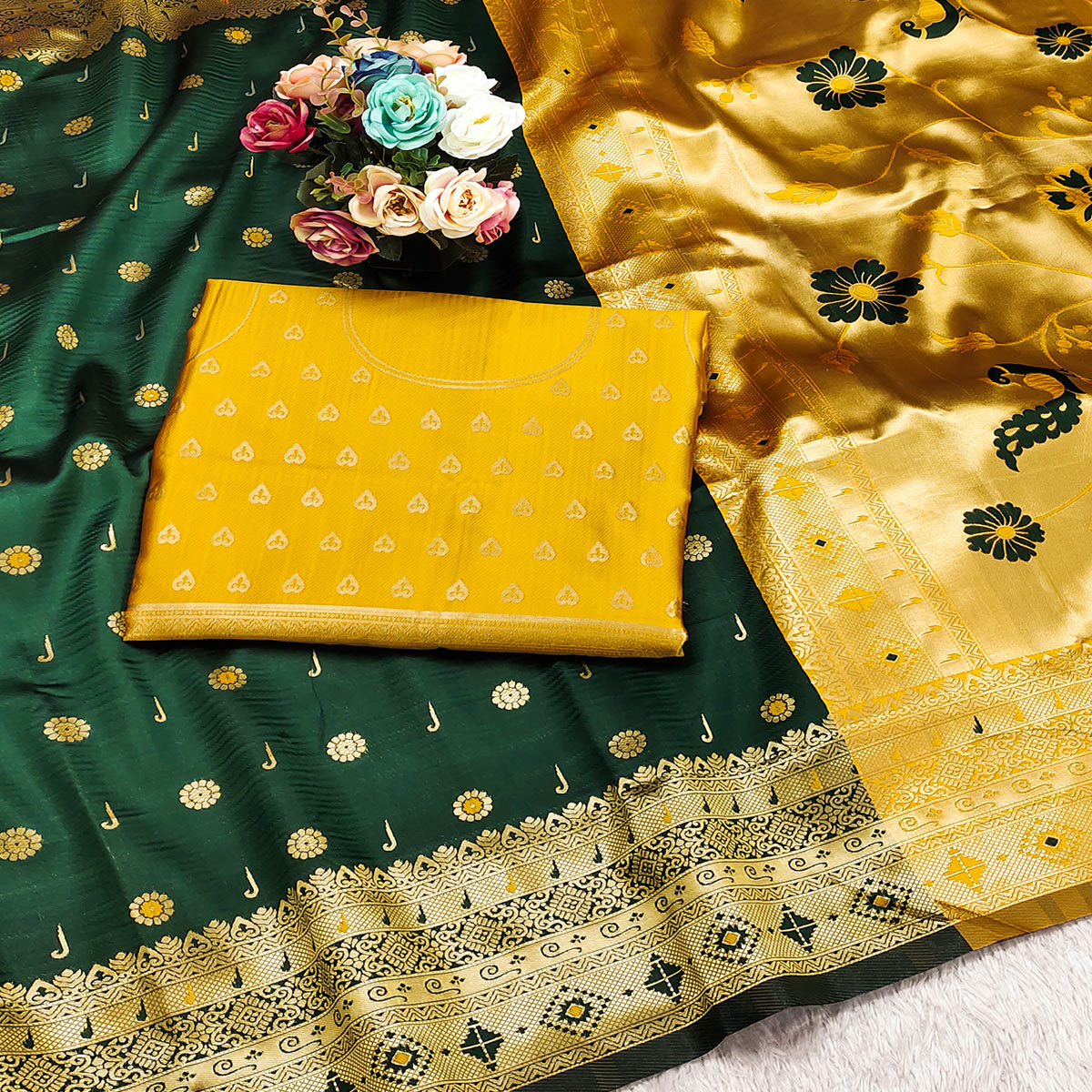 Dark Green Pure Silk Paithani Saree With Intricate Floral Zari Weaving