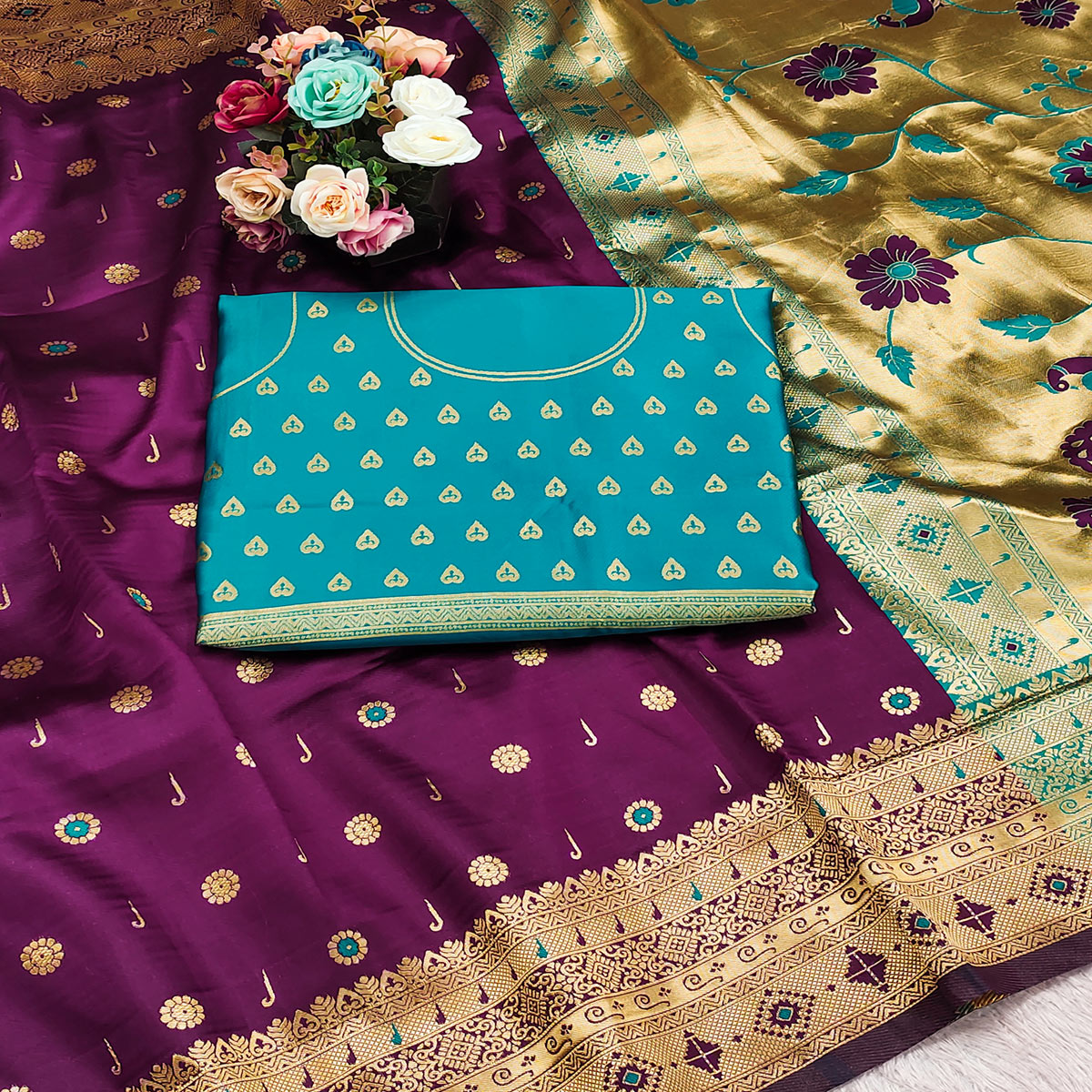 Purple Pure Silk Paithani Saree With Intricate Floral Zari Weaving