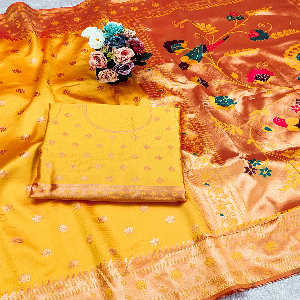 Yellow Pure Silk Paithani Saree With Elegant Floral Zari Weaving