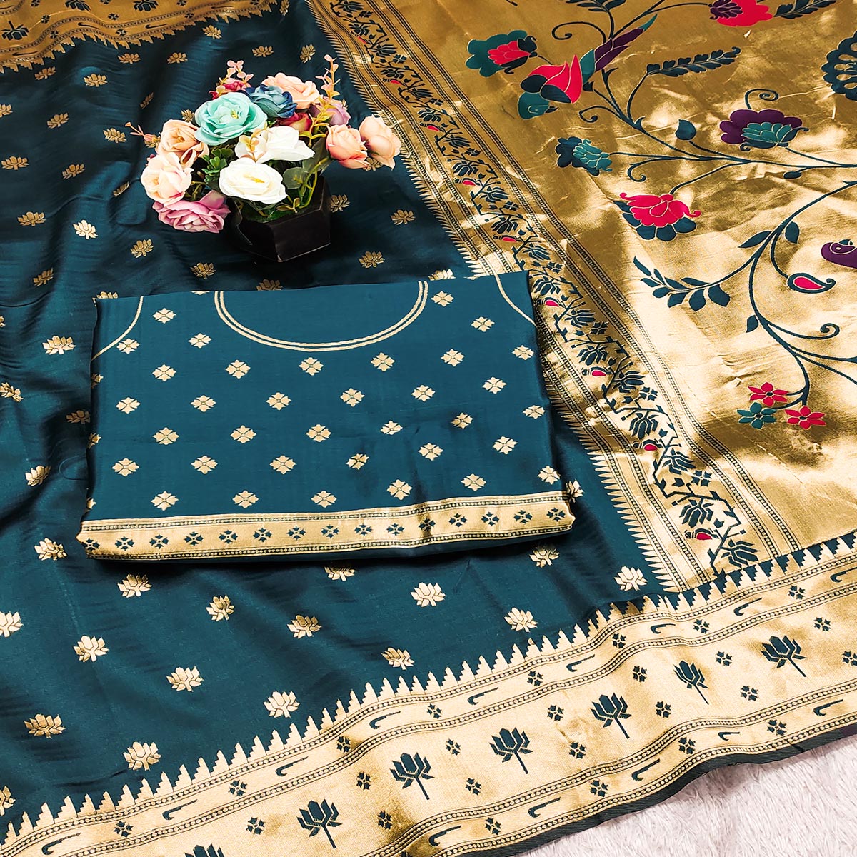 Dark Teal Blue Pure Silk Paithani Saree With Elegant Floral Zari Weaving