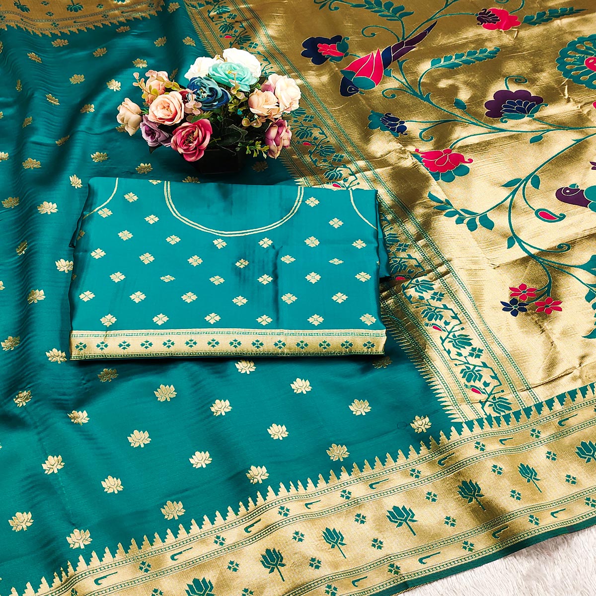 Rama Blue Pure Silk Paithani Saree With Elegant Floral Zari Weaving