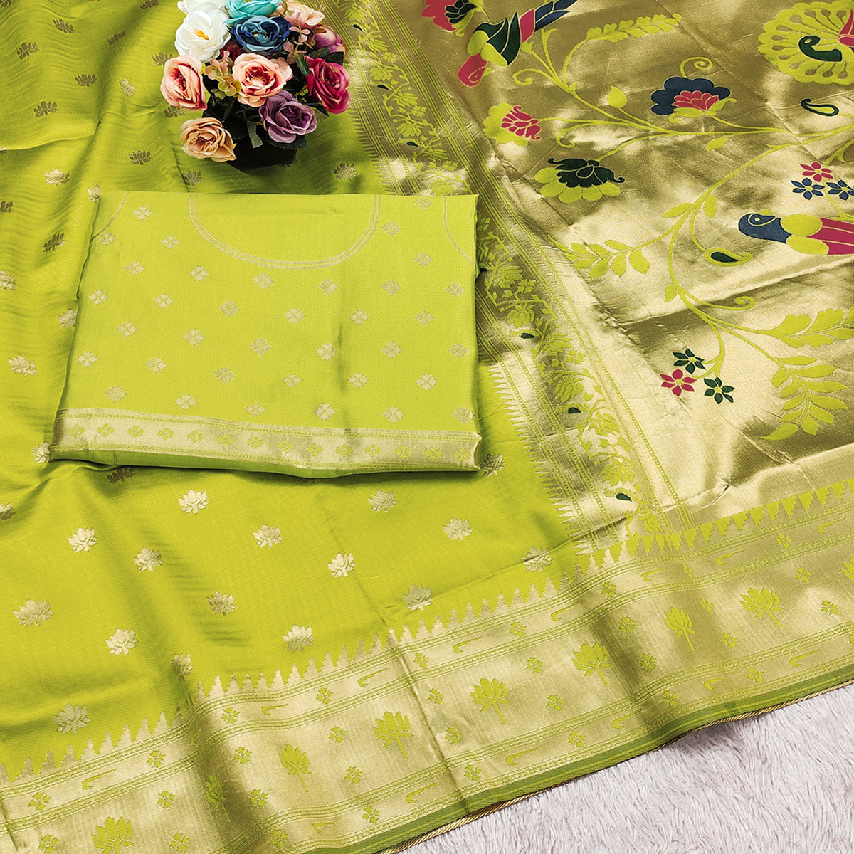 Lemon Green Pure Silk Paithani Saree With Elegant Floral Zari Weaving