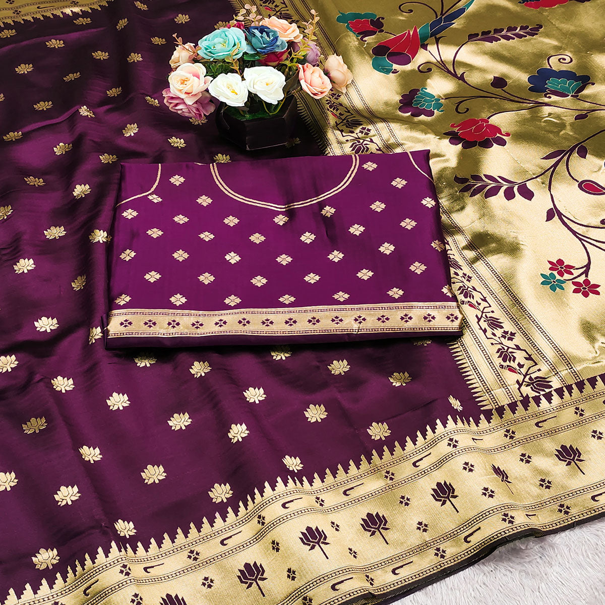 Purple Pure Silk Paithani Saree With Elegant Floral Zari Weaving