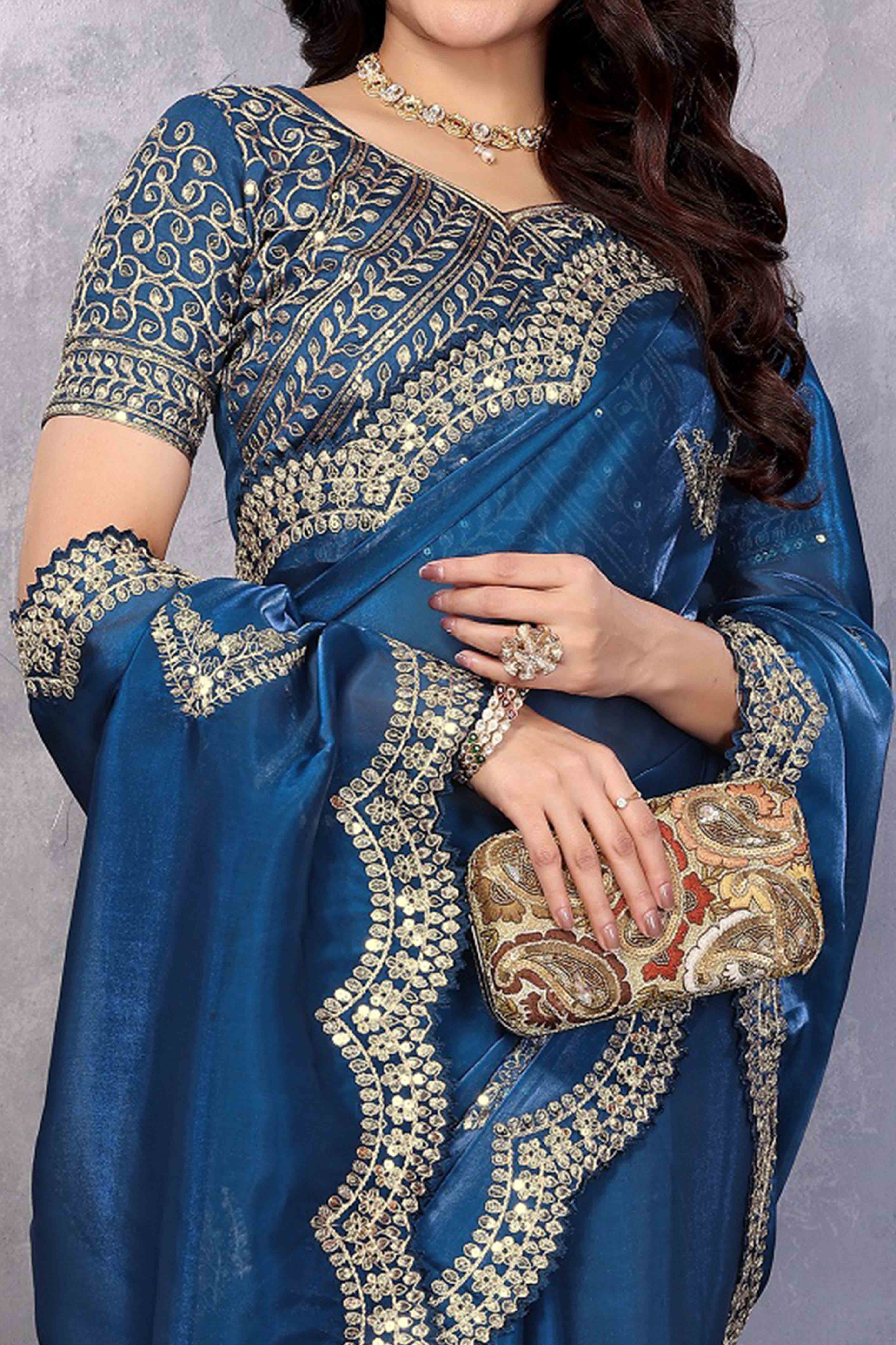 Blue Floral Sequins Embroidered Shimmer Chiffon Saree