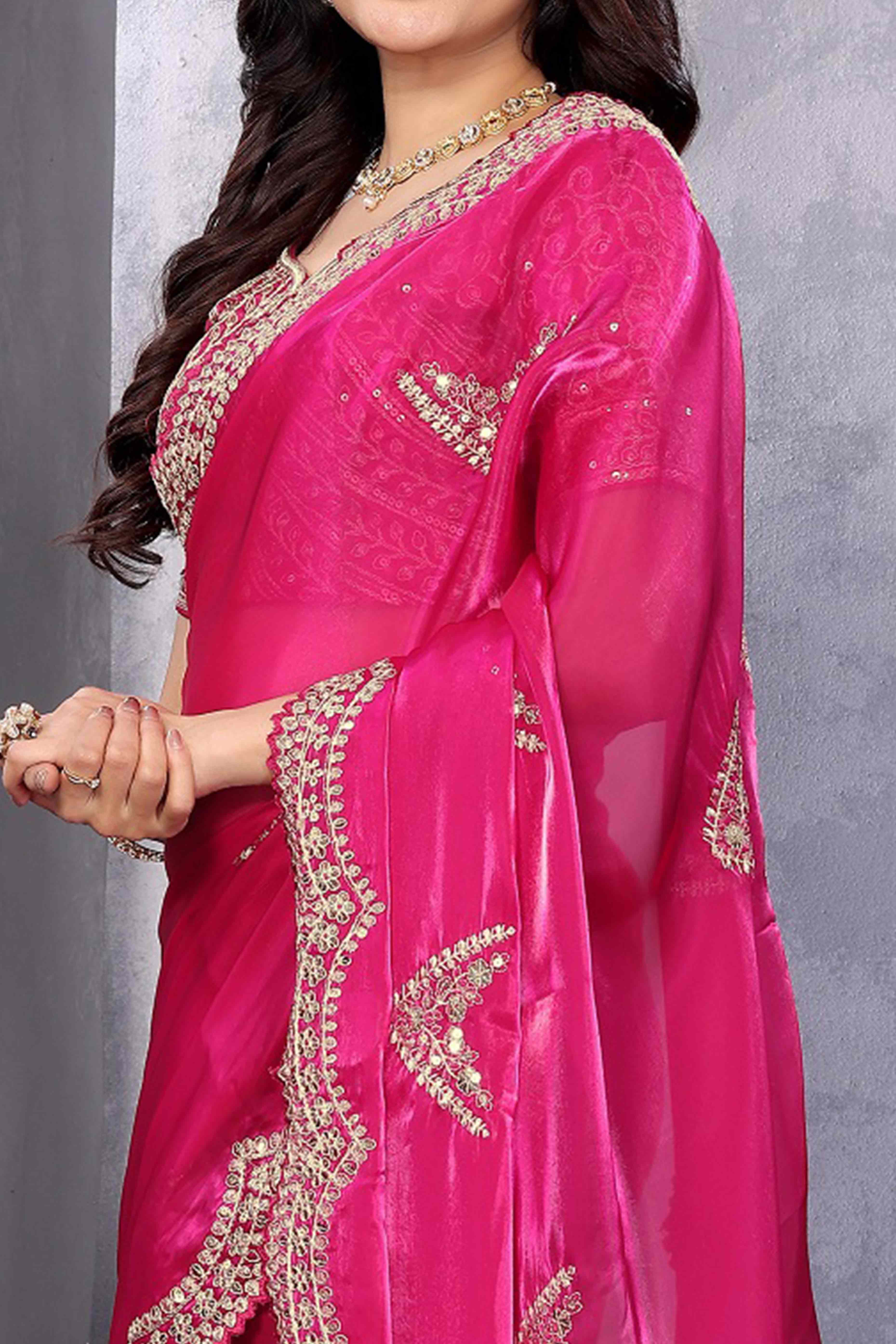 Rani Pink Floral Sequins Embroidered Shimmer Chiffon Saree