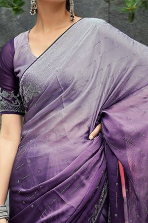 Purple Rangoli Dola Silk Saree Adorned With Gleaming Swarovski Work & Classic Floral Border