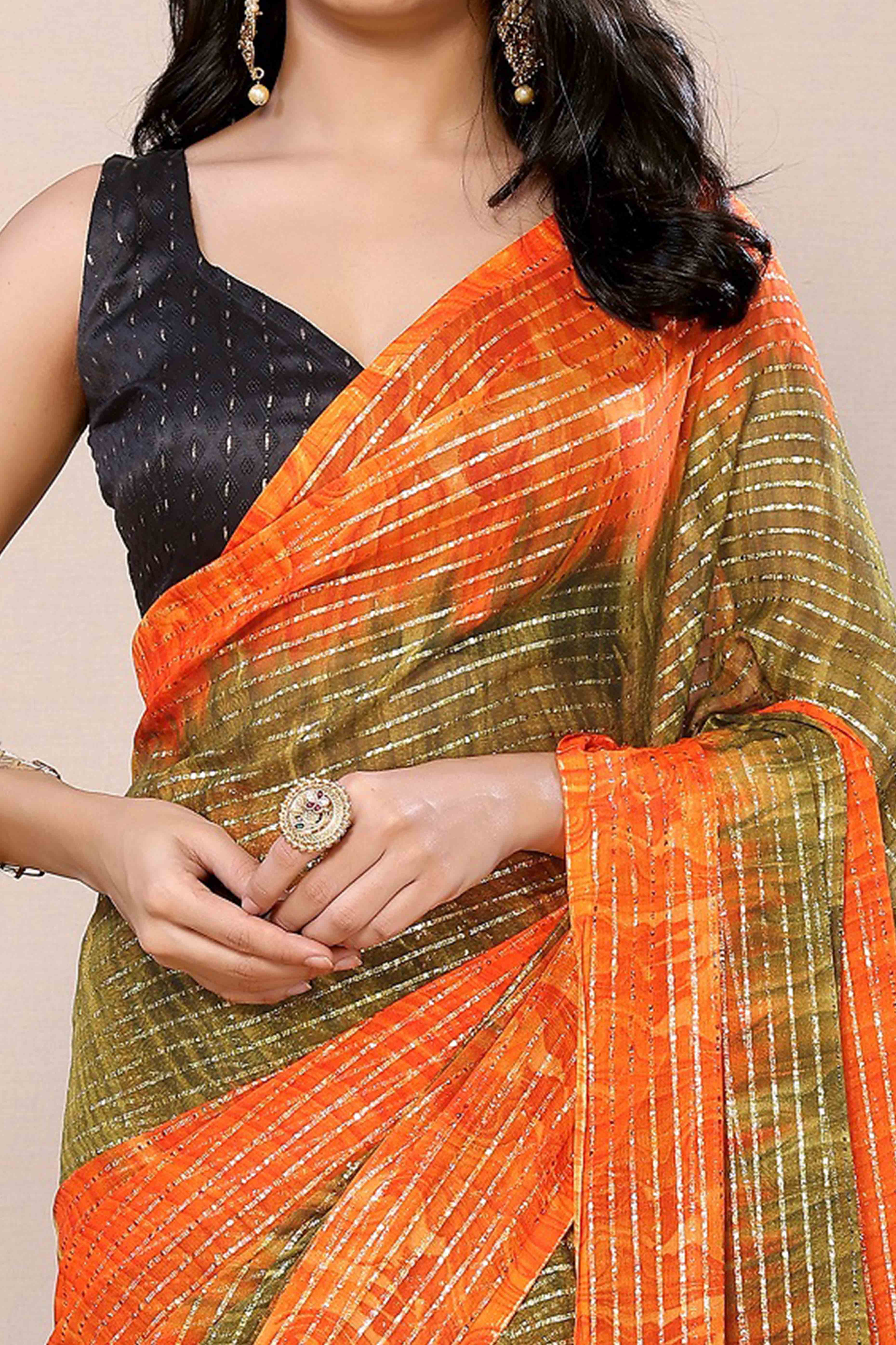 Orange & Green Striped Zari With Digital Printed Georgette Ready To Wear Saree