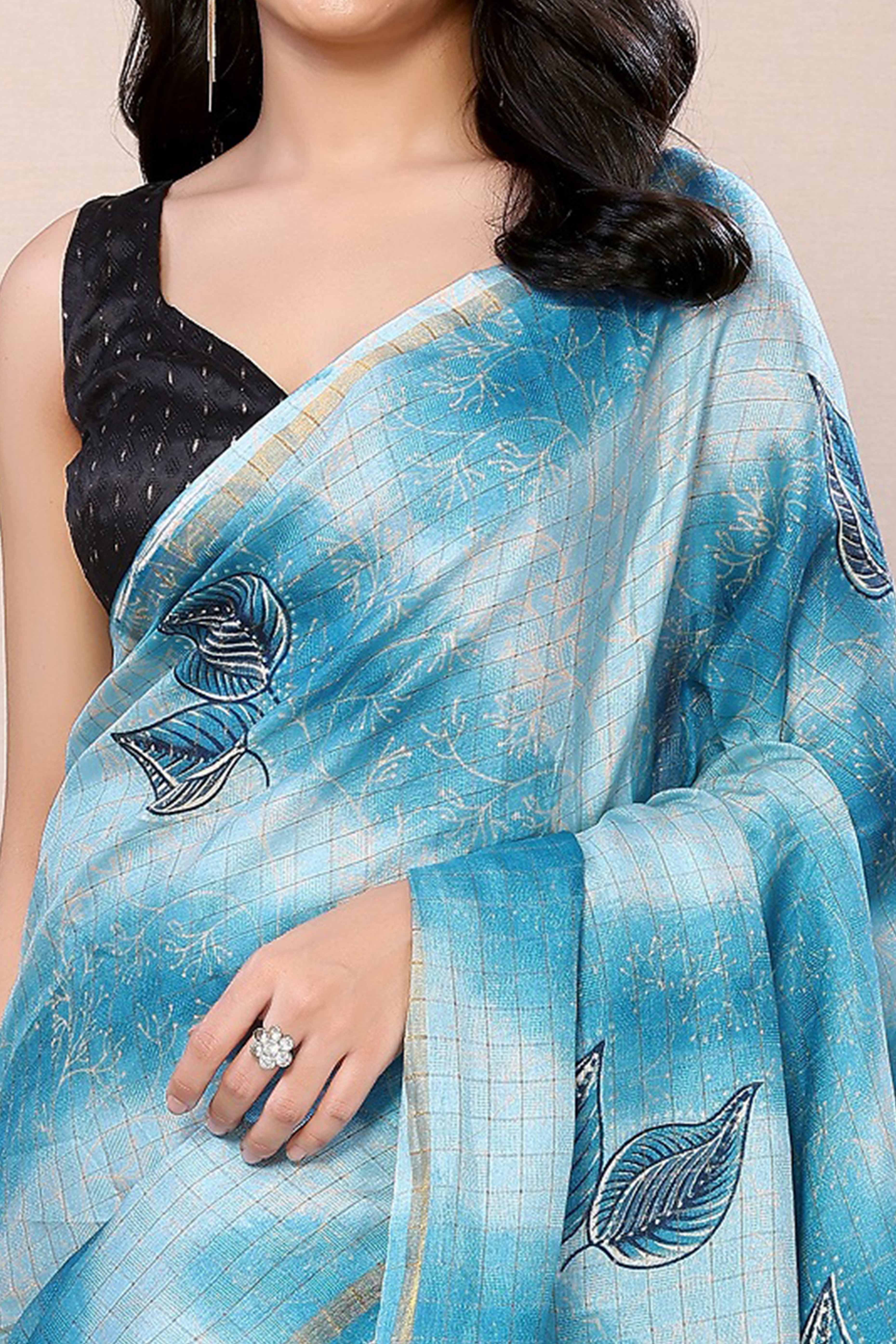 Blue Woven With Printed Silk Ready To Wear Saree