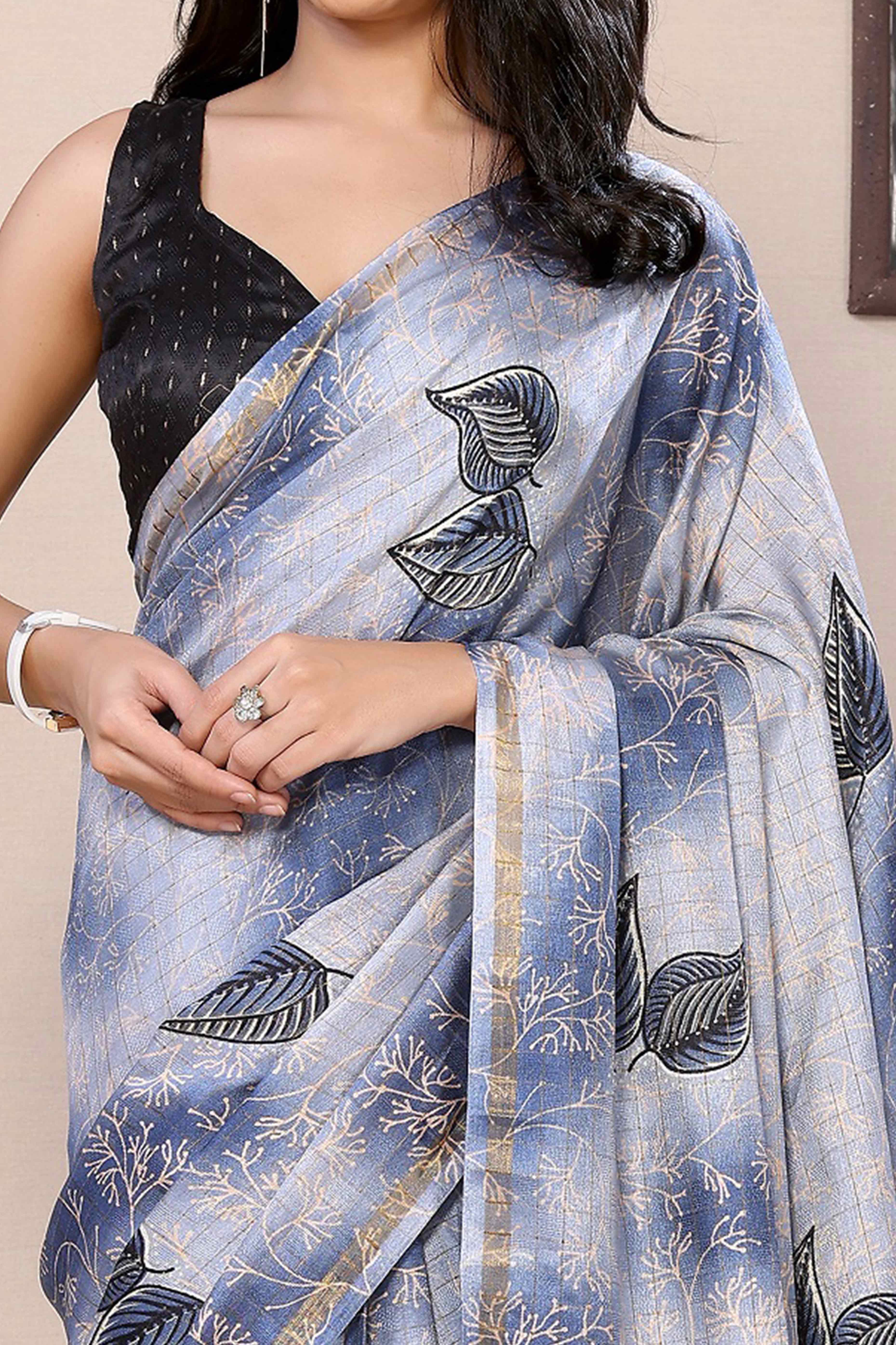 Navy Blue Woven With Printed Silk Ready To Wear Saree