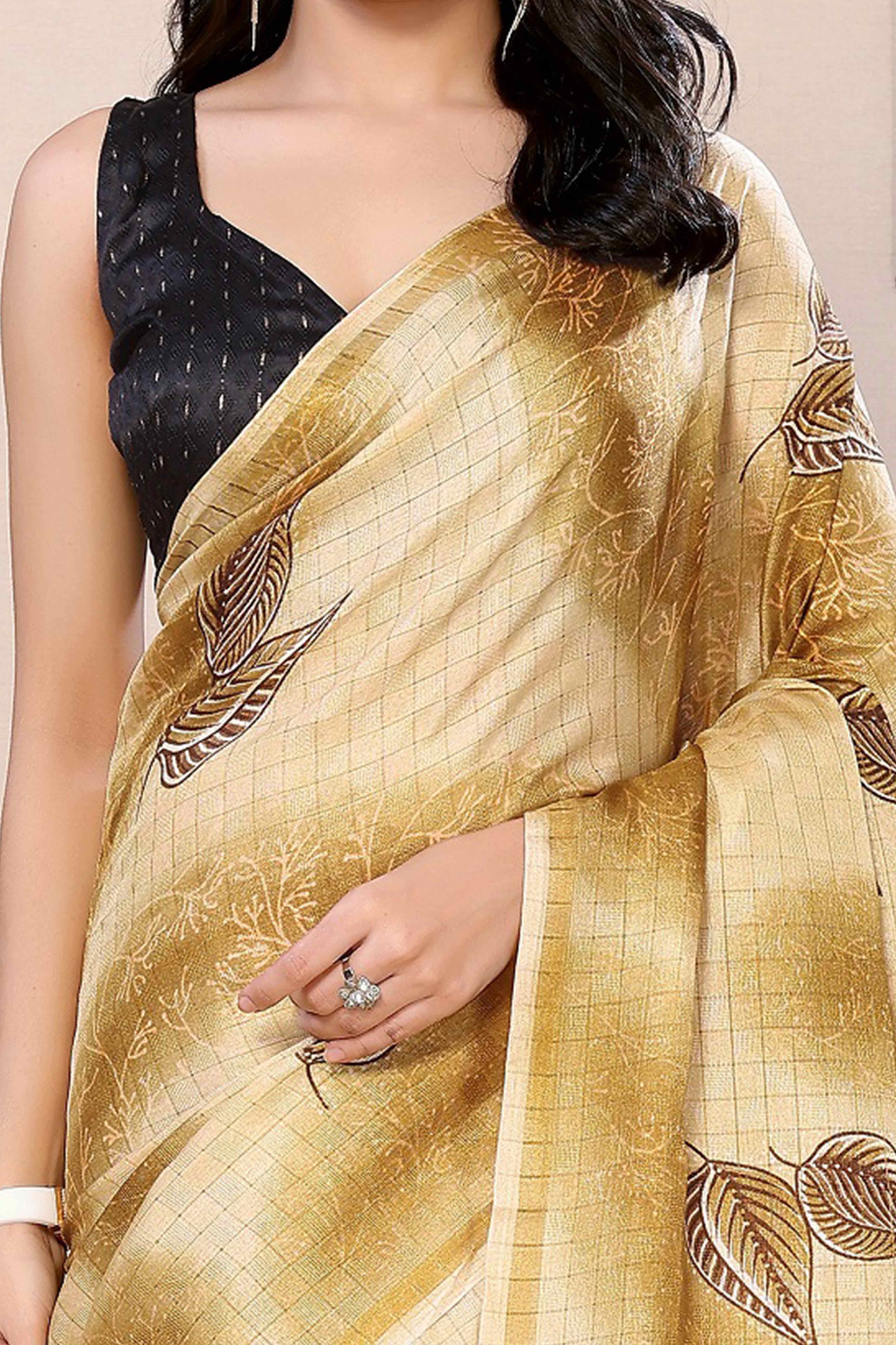 Mustard Woven With Printed Silk Ready To Wear Saree