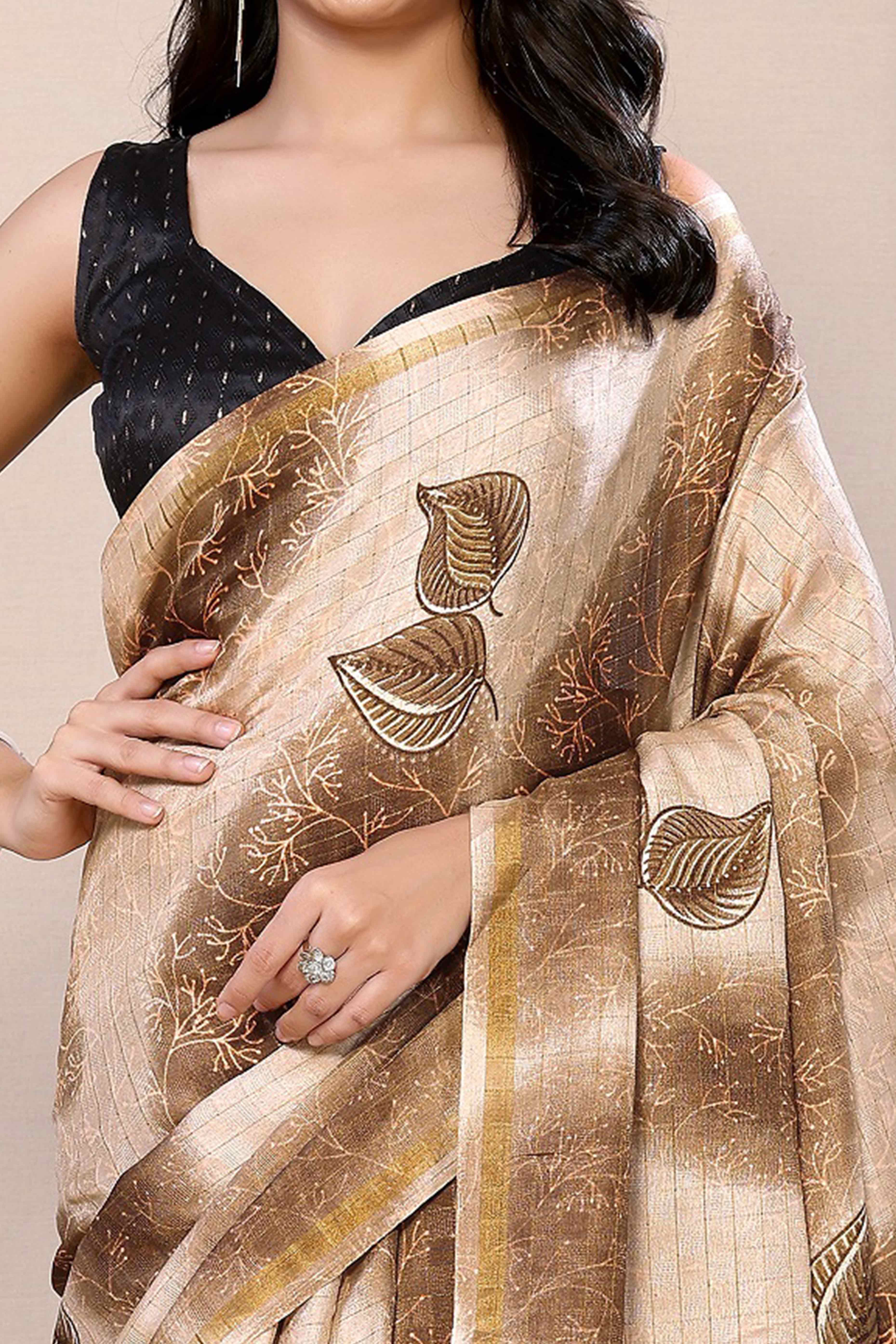 Brown Woven With Printed Silk Ready To Wear Saree