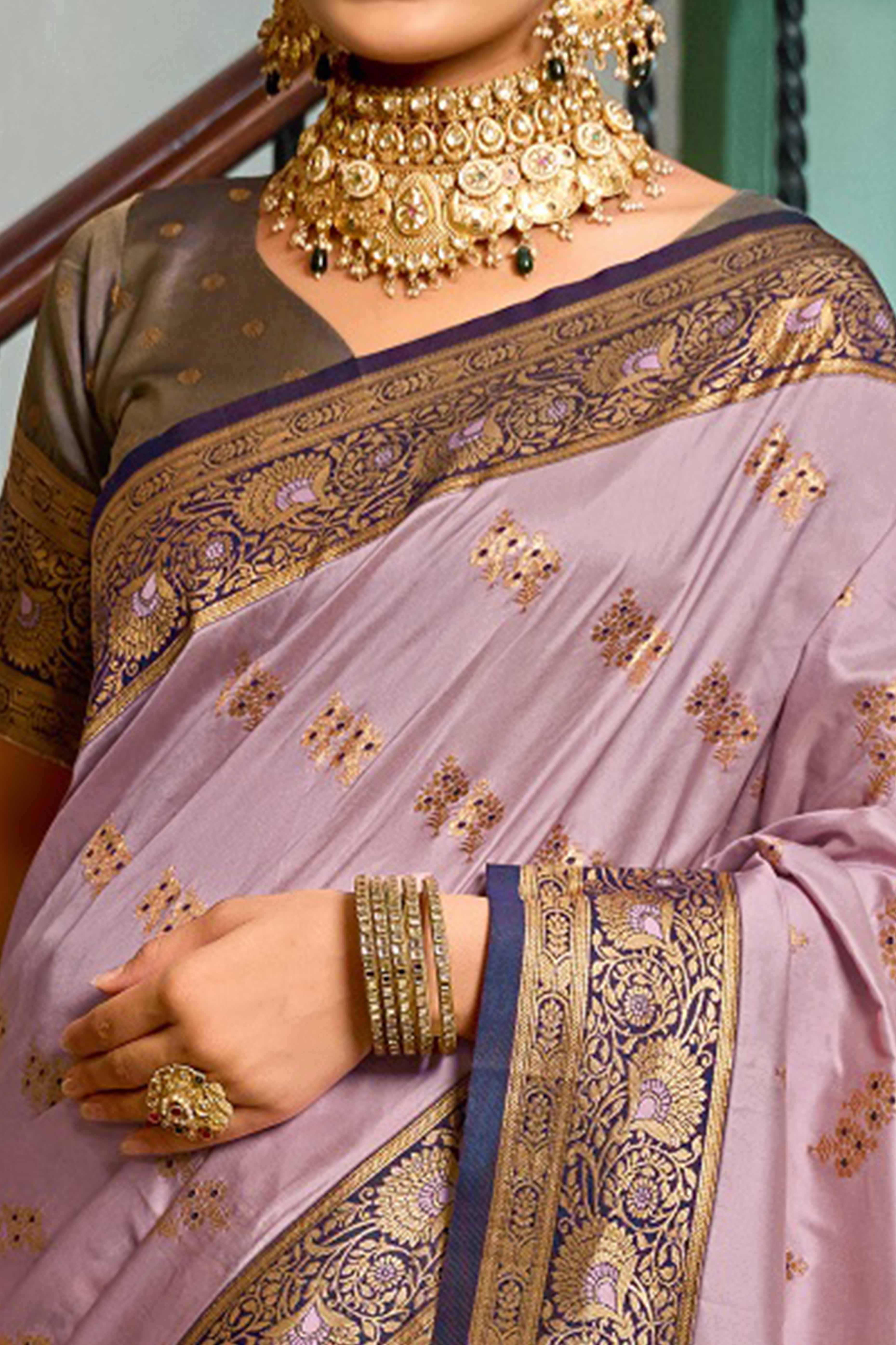 Lavender Silk Blend Saree Featuring Intricate Floral Zari Work