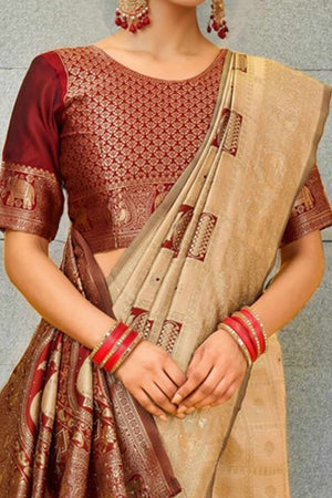 Chikoo Floral Weaving Paithani Saree In Soft Silk Accented With A Stylish Tassel Border Pallu