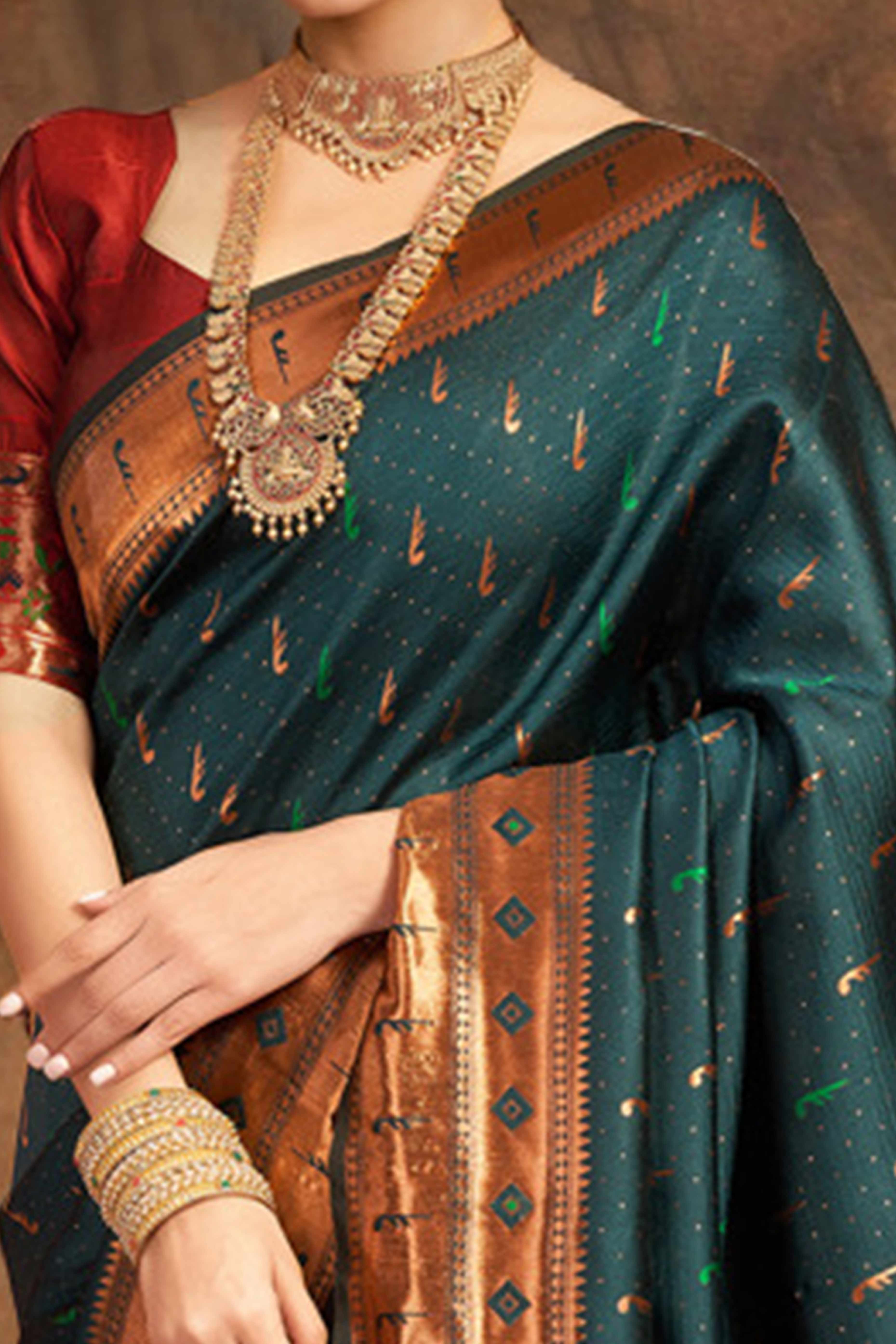 Deep Teal Silk Blend Paithani Saree Adorned With Zari Weaving & Peacock Motif Pallu