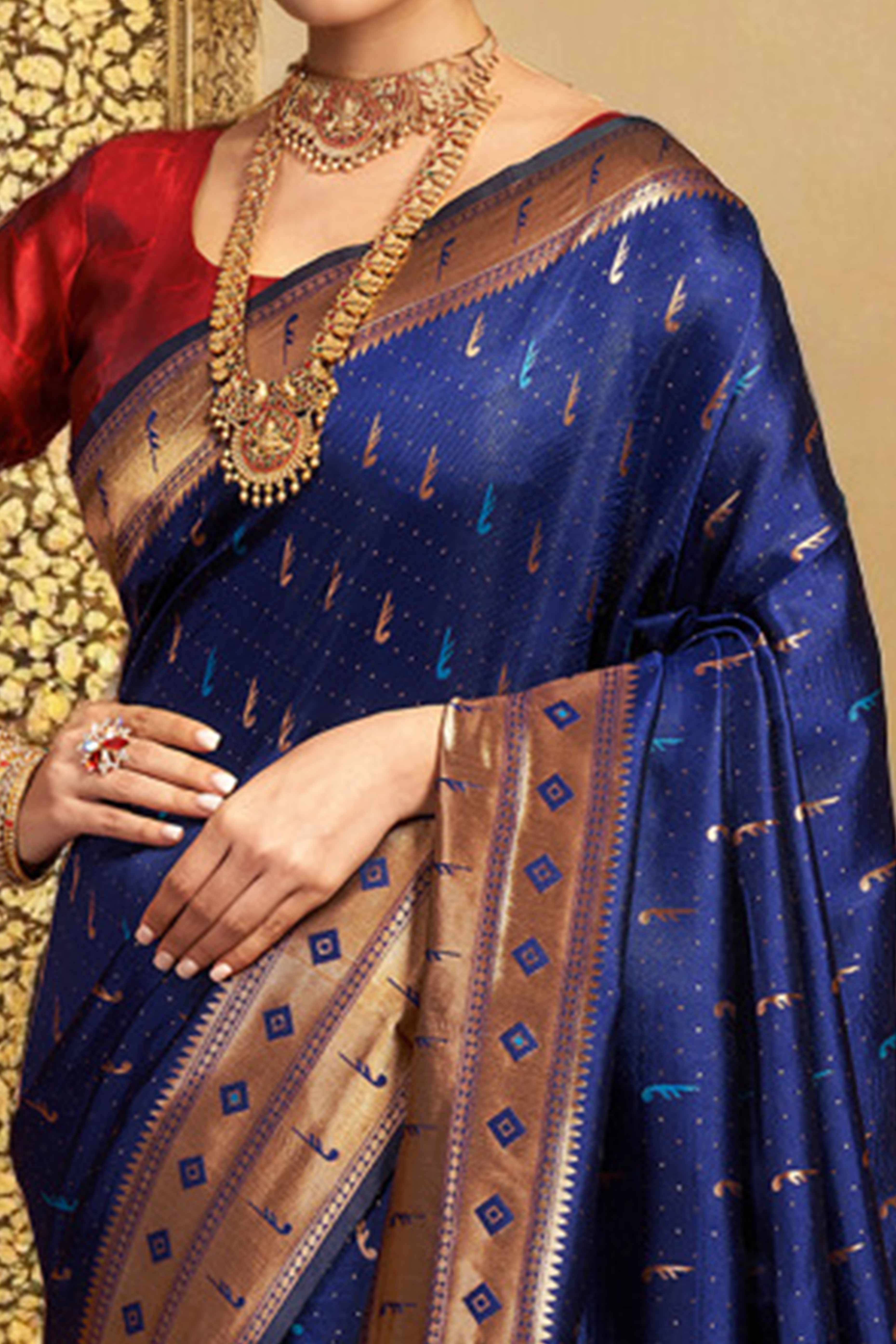 Navy Blue Silk Blend Paithani Saree Adorned With Zari Weaving & Peacock Motif Pallu