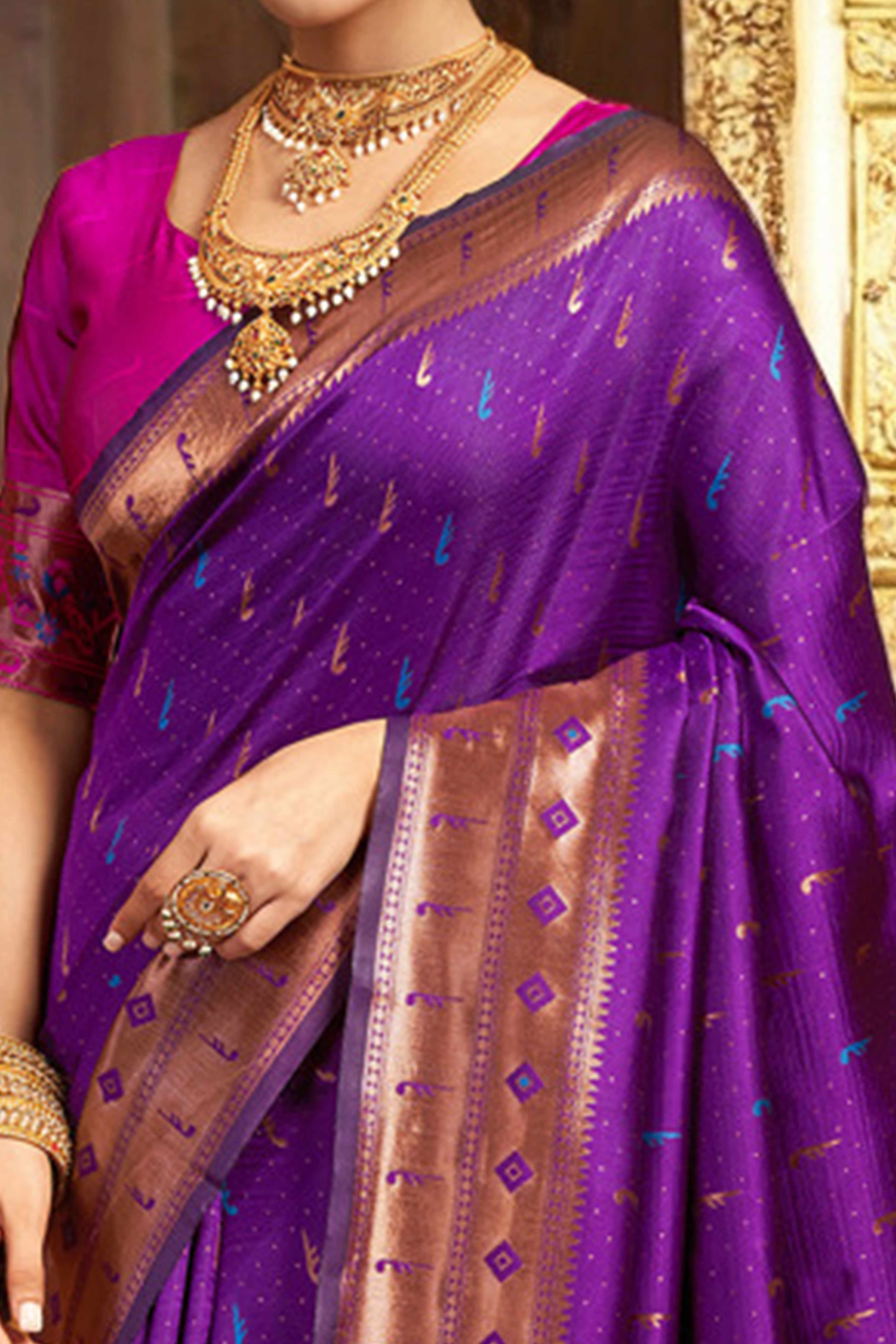 Purple Silk Blend Paithani Saree Adorned With Zari Weaving & Peacock Motif Pallu