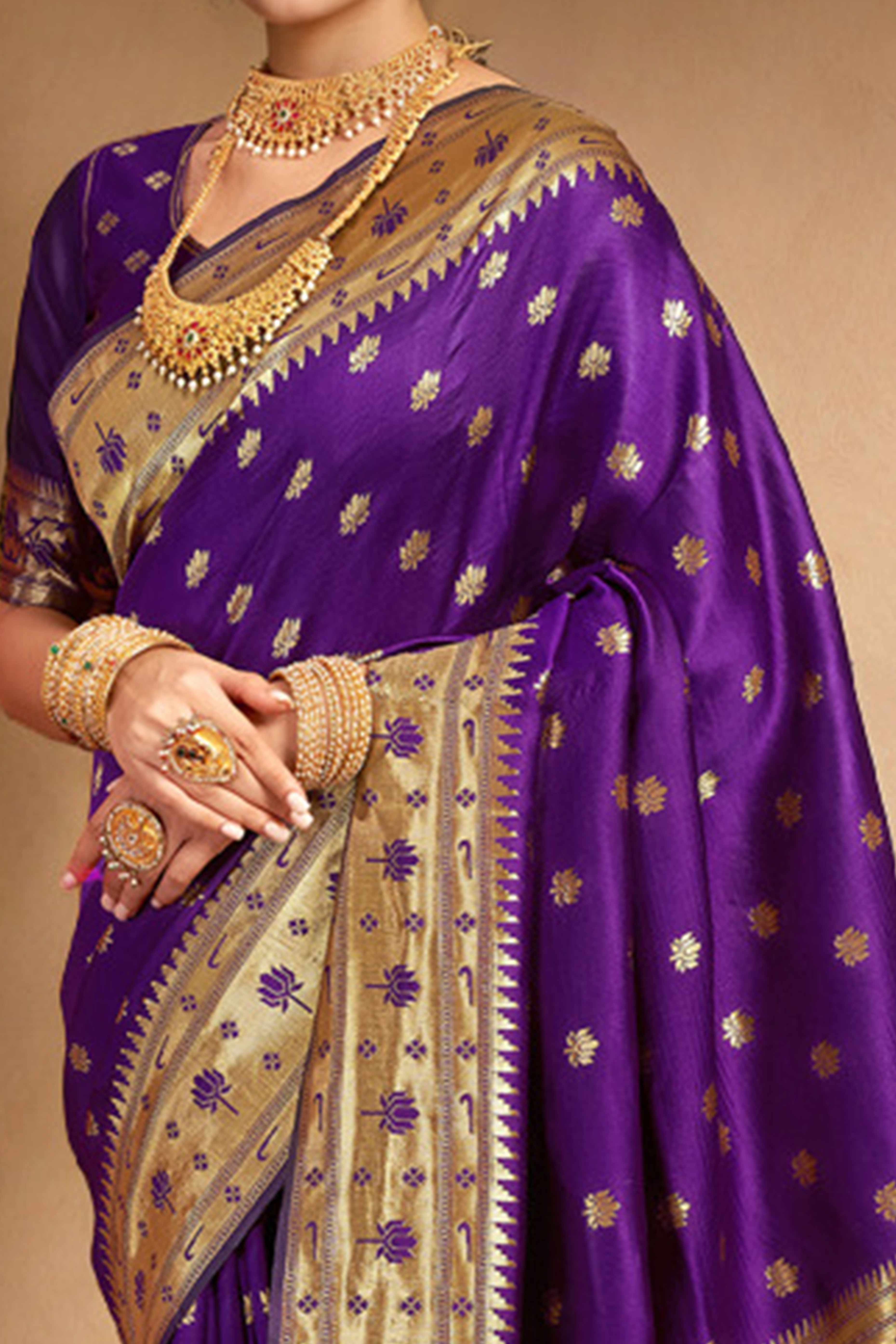 Purple Weaving Silk Blend Paithani Saree With Floral & Parrot Motif Pallu