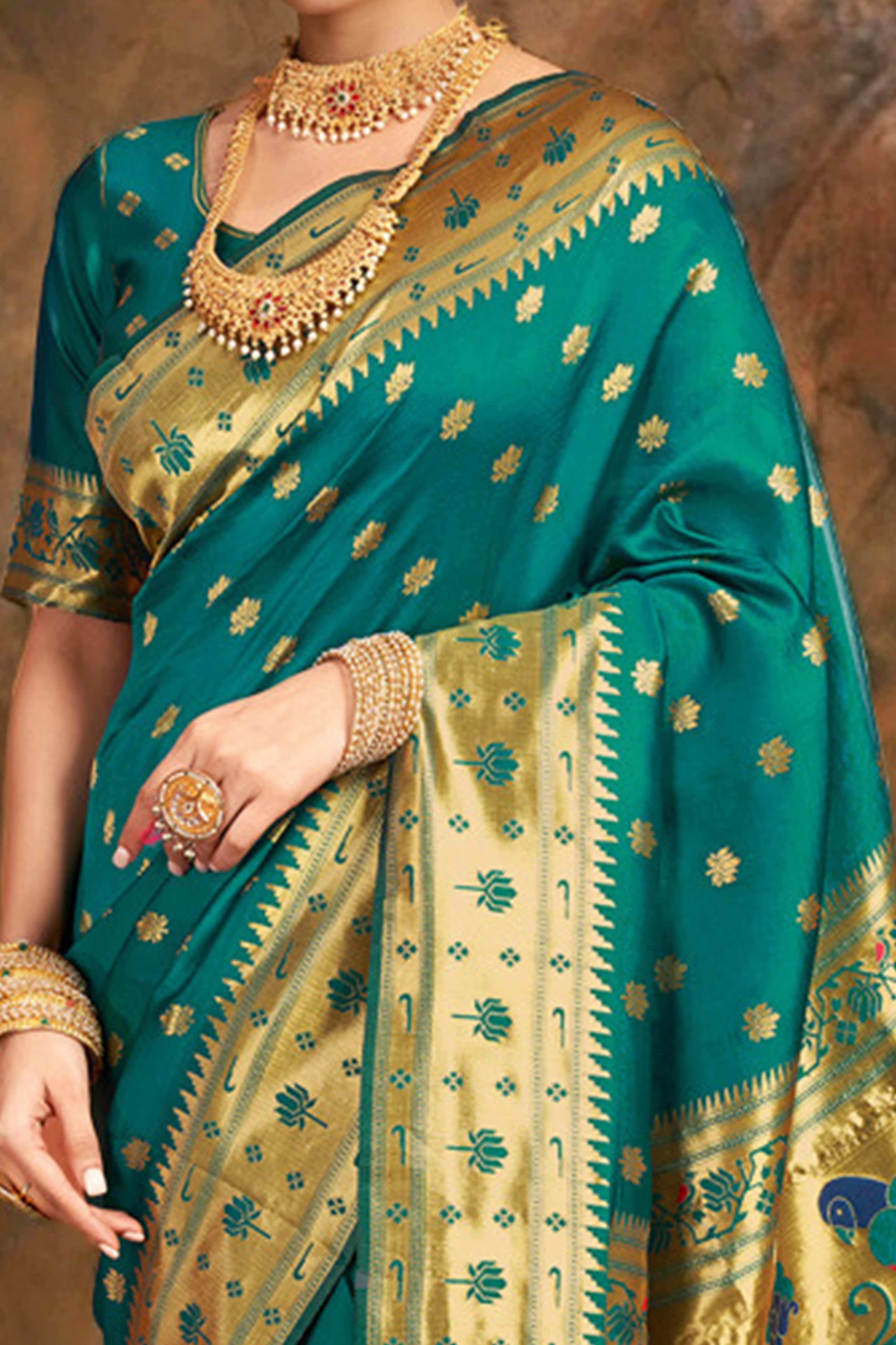 Rama Green Weaving Silk Blend Paithani Saree With Floral & Parrot Motif Pallu