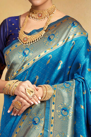 Blue Paithani Silk Blend Saree Featuring Intricate Zari Peacock &  Floral Weaving
