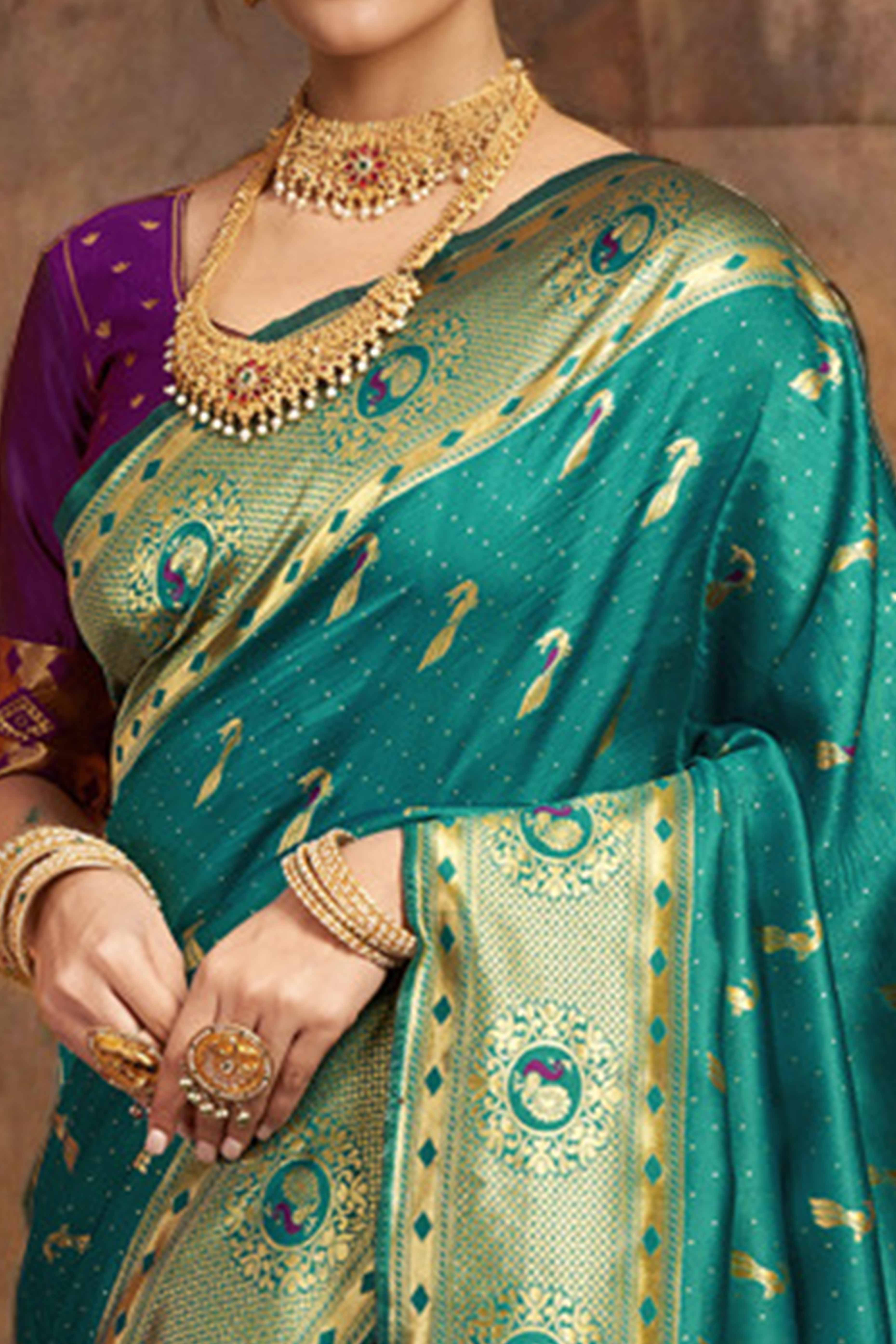 Rama Green Paithani Silk Blend Saree Featuring Intricate Zari Peacock &  Floral Weaving