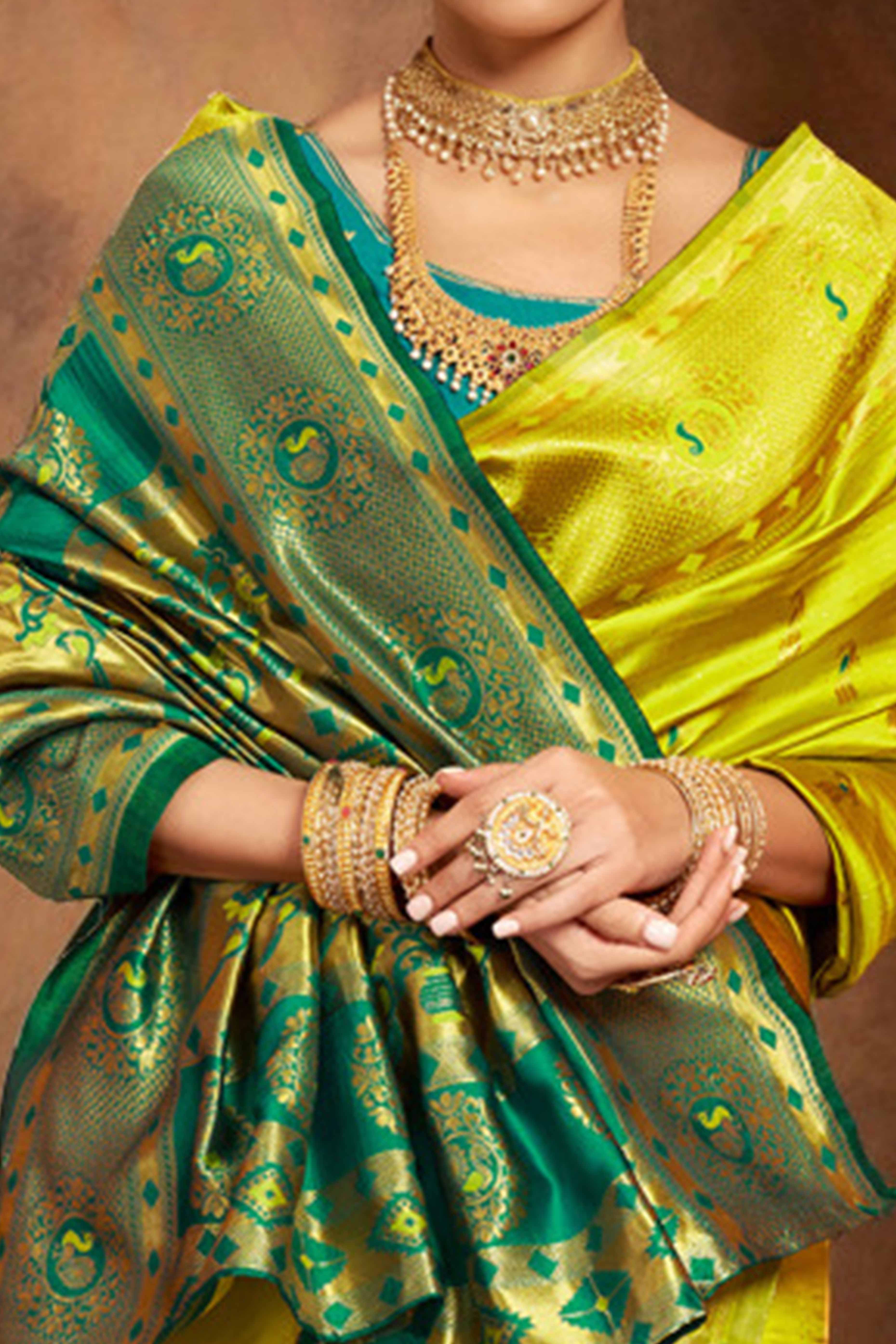 Lime Green Paithani Silk Blend Saree Featuring Intricate Zari Peacock &  Floral Weaving