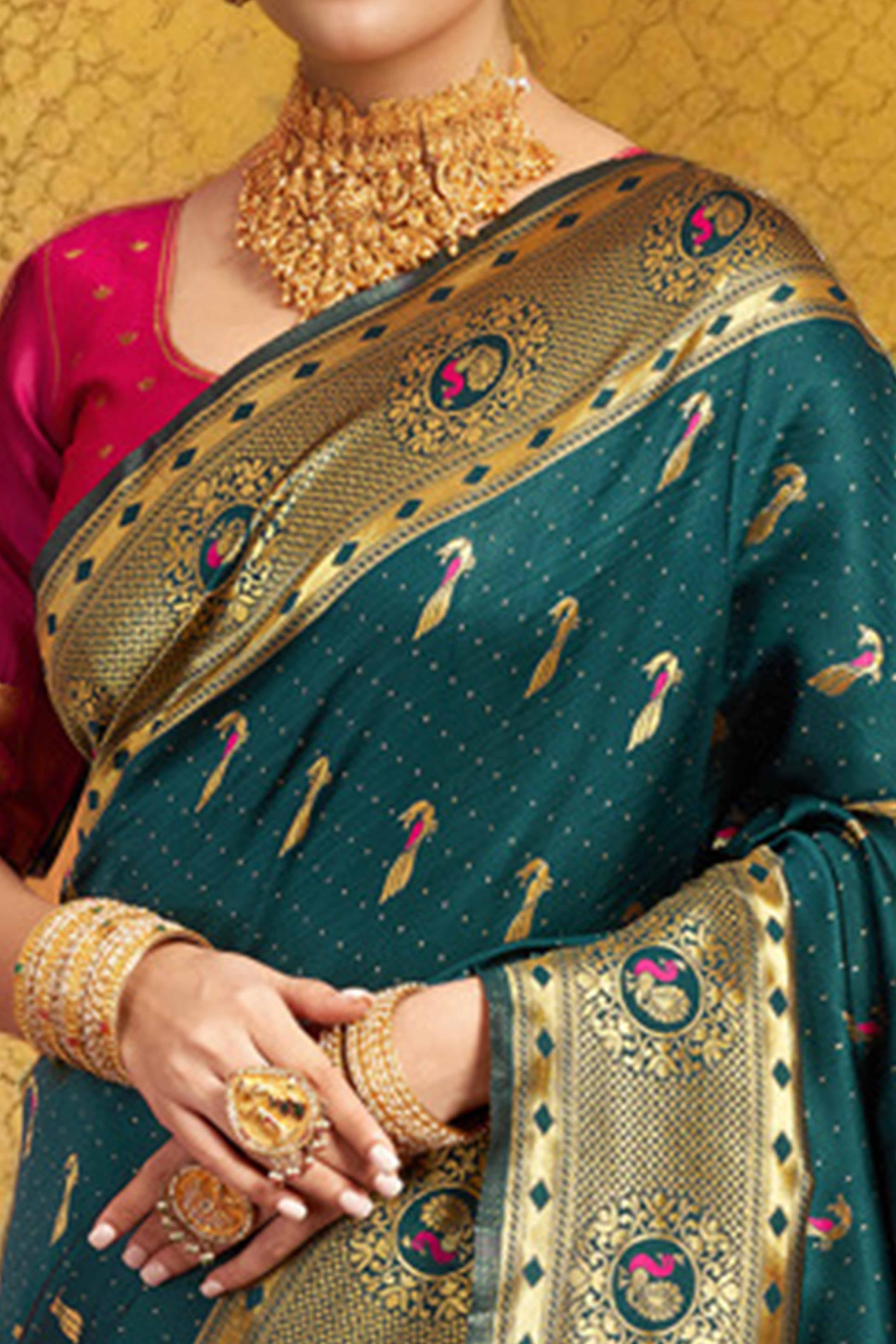 Teal Paithani Silk Blend Saree Featuring Intricate Zari Peacock &  Floral Weaving