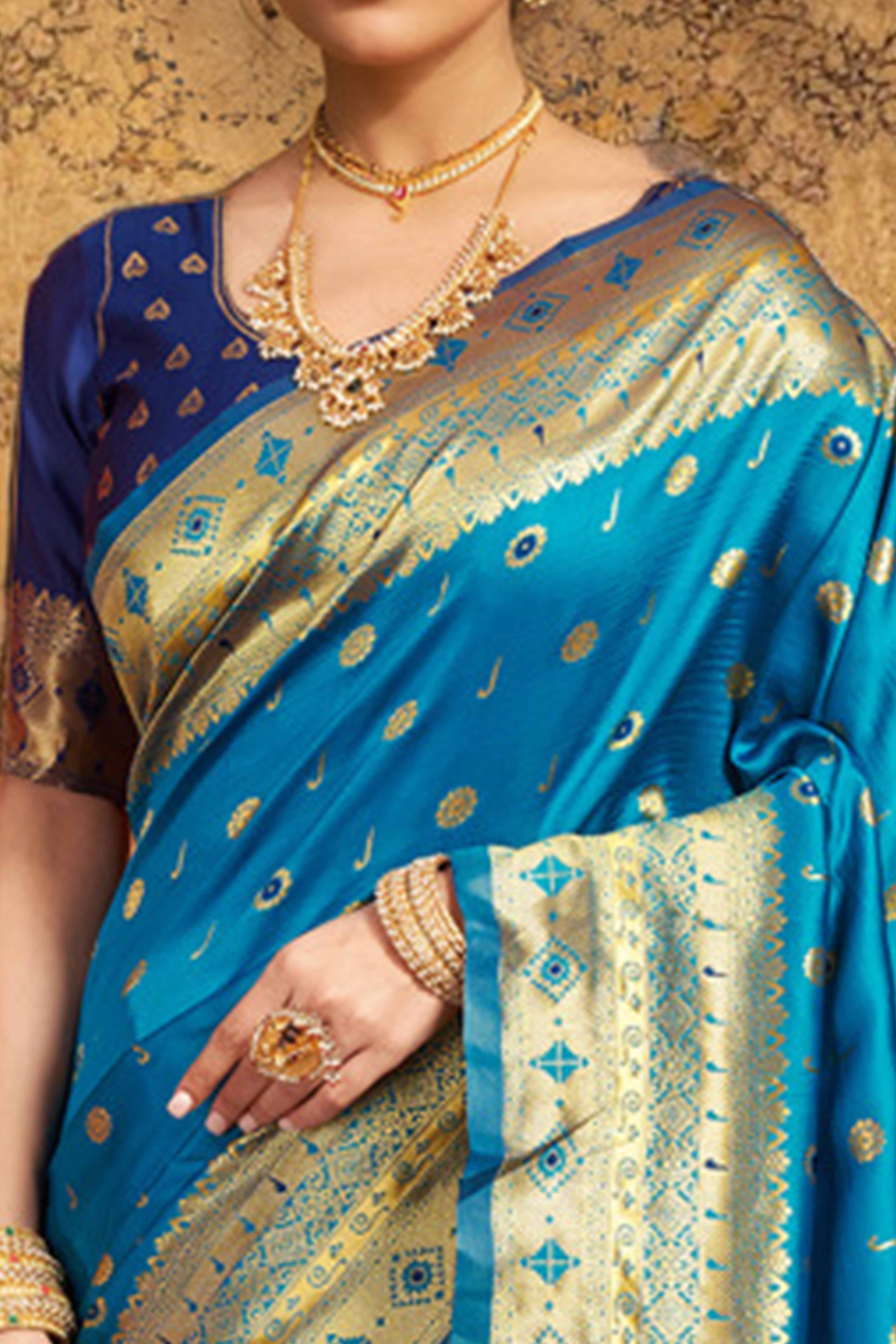 Blue Silk Blend Saree With Traditional Paithani Zari Weaving Of Peacock & Floral Designs