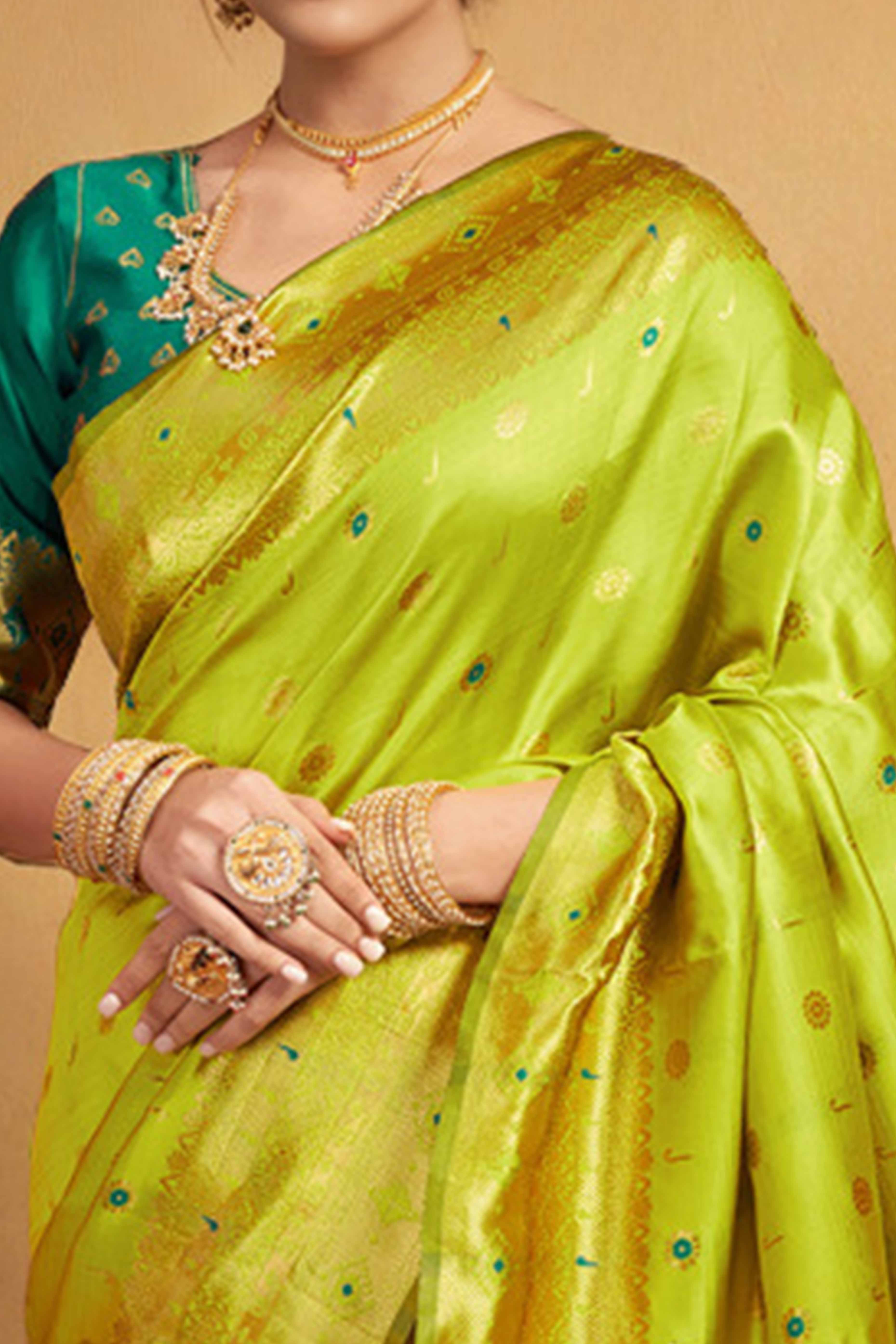 Green Silk Blend Saree With Traditional Paithani Zari Weaving Of Peacock & Floral Designs