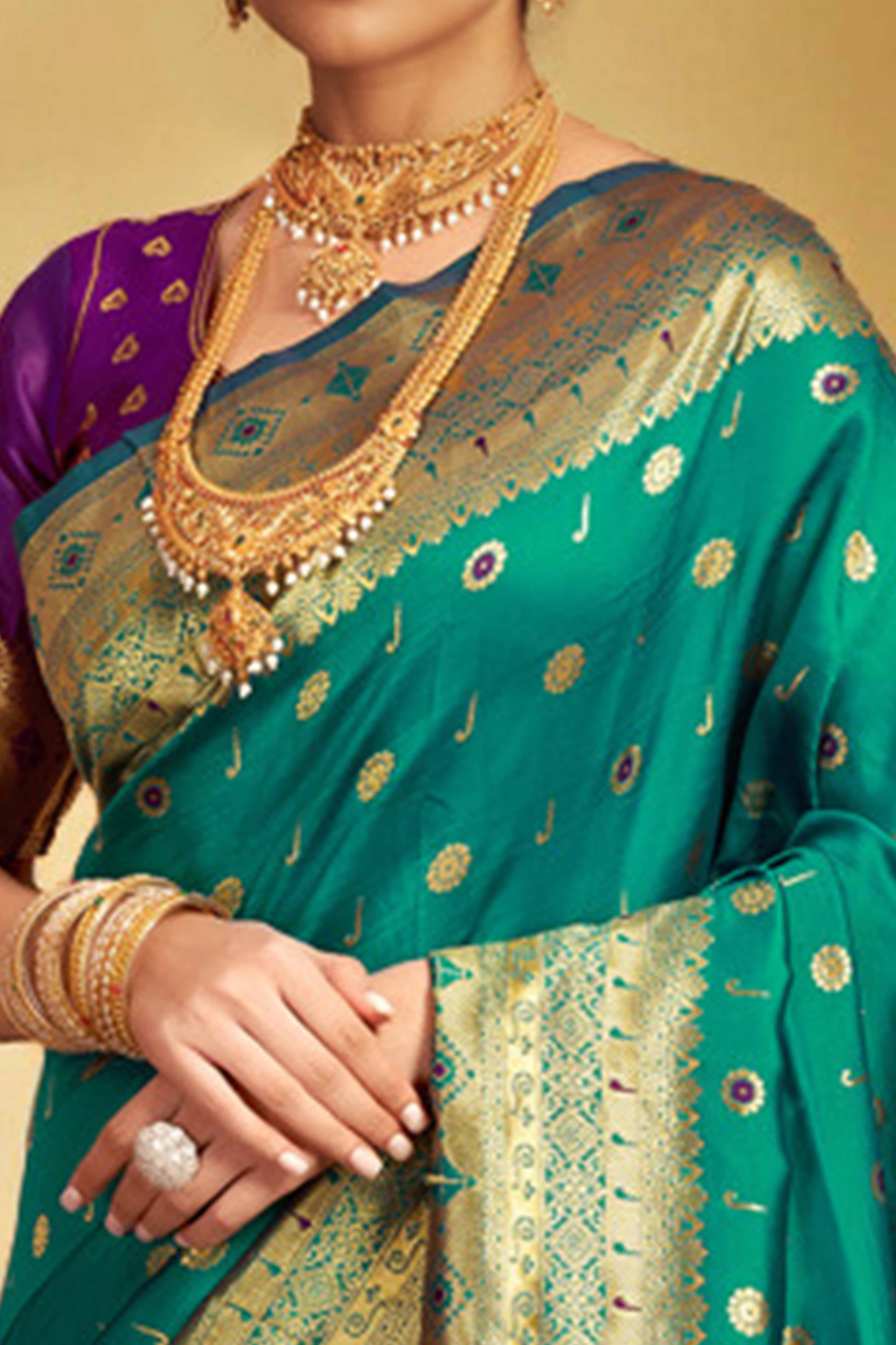 Rama Green Silk Blend Saree With Traditional Paithani Zari Weaving Of Peacock & Floral Designs