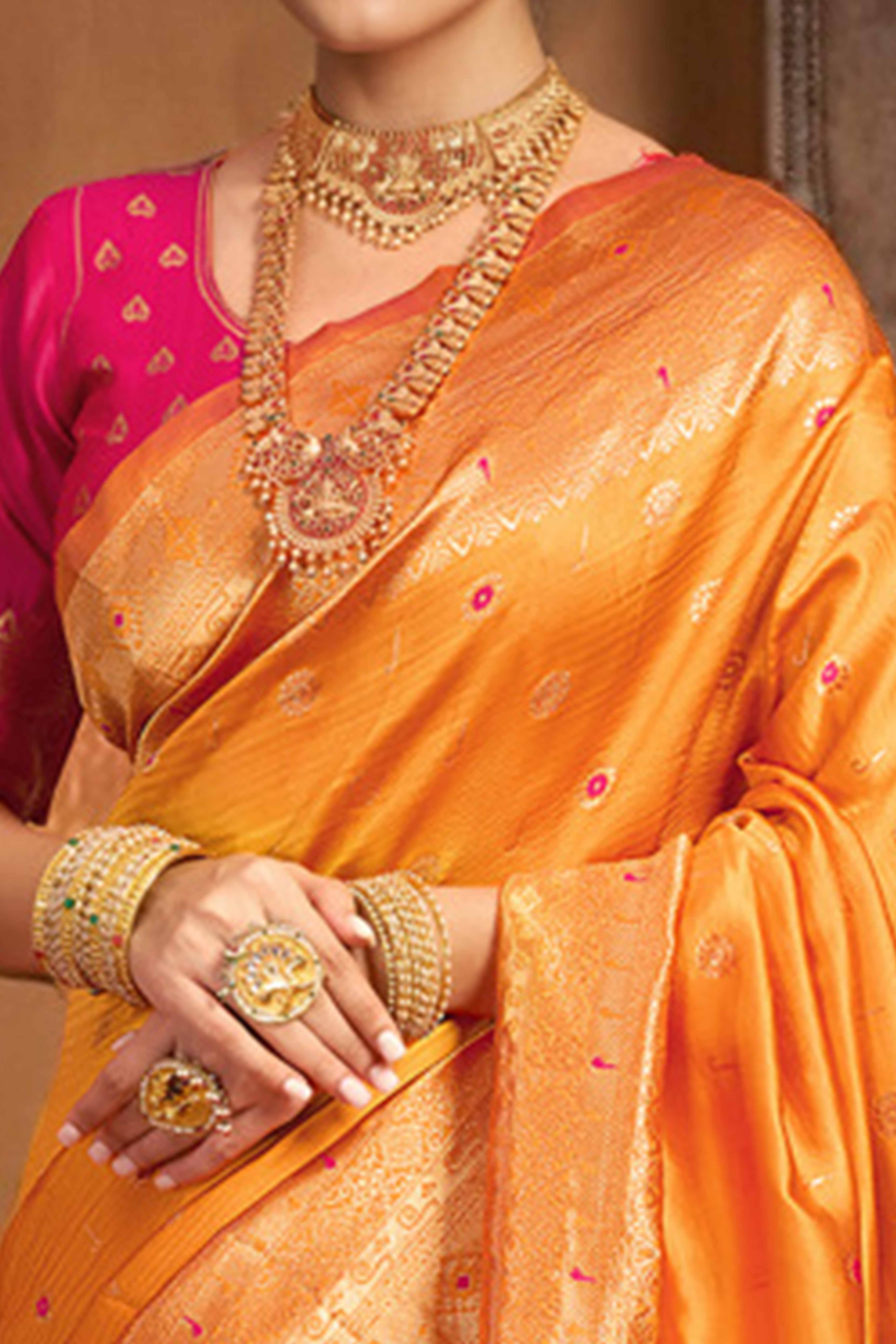Orange Silk Blend Saree With Traditional Paithani Zari Weaving Of Peacock & Floral Designs