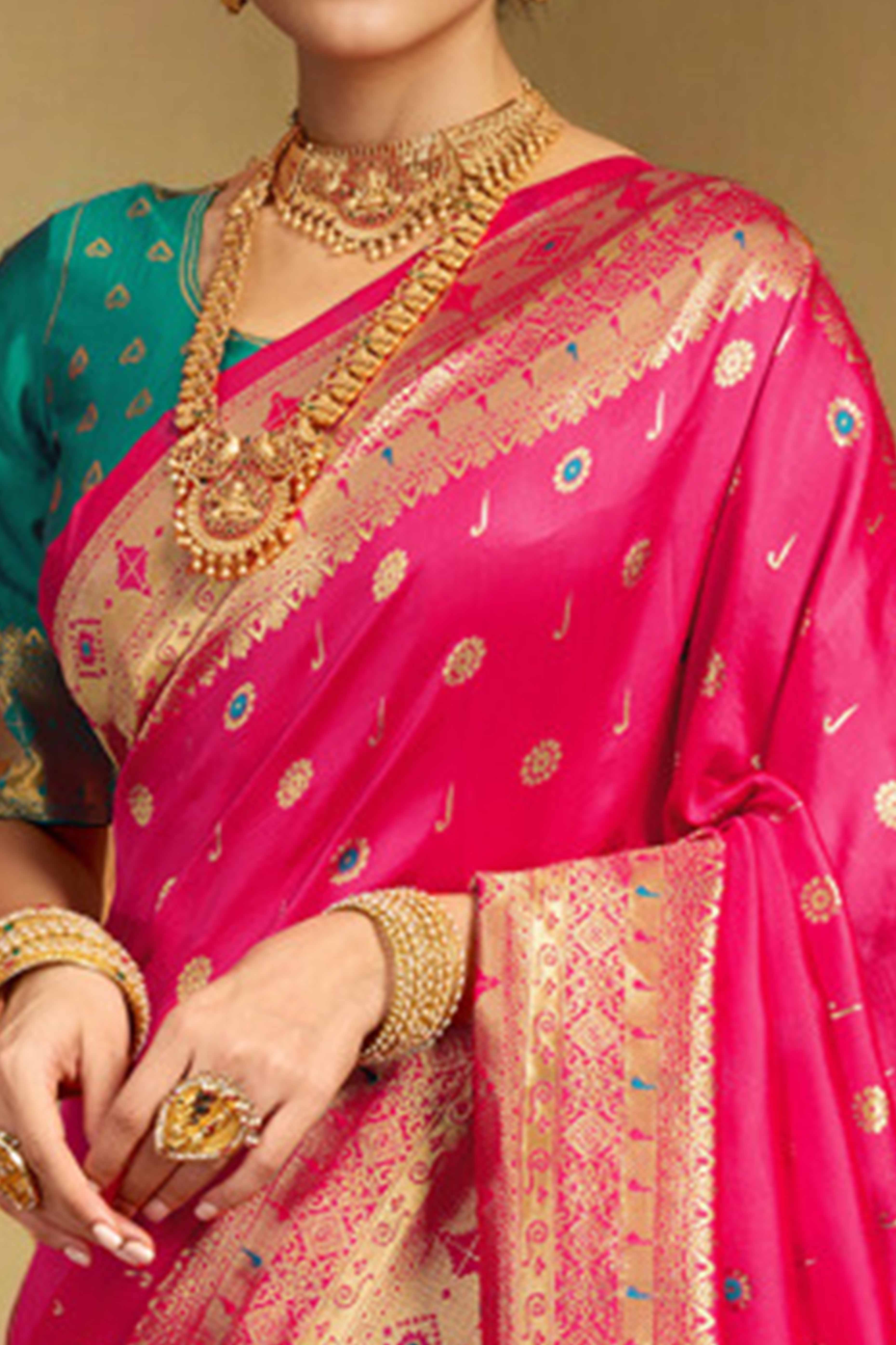 Pink Silk Blend Saree With Traditional Paithani Zari Weaving Of Peacock & Floral Designs