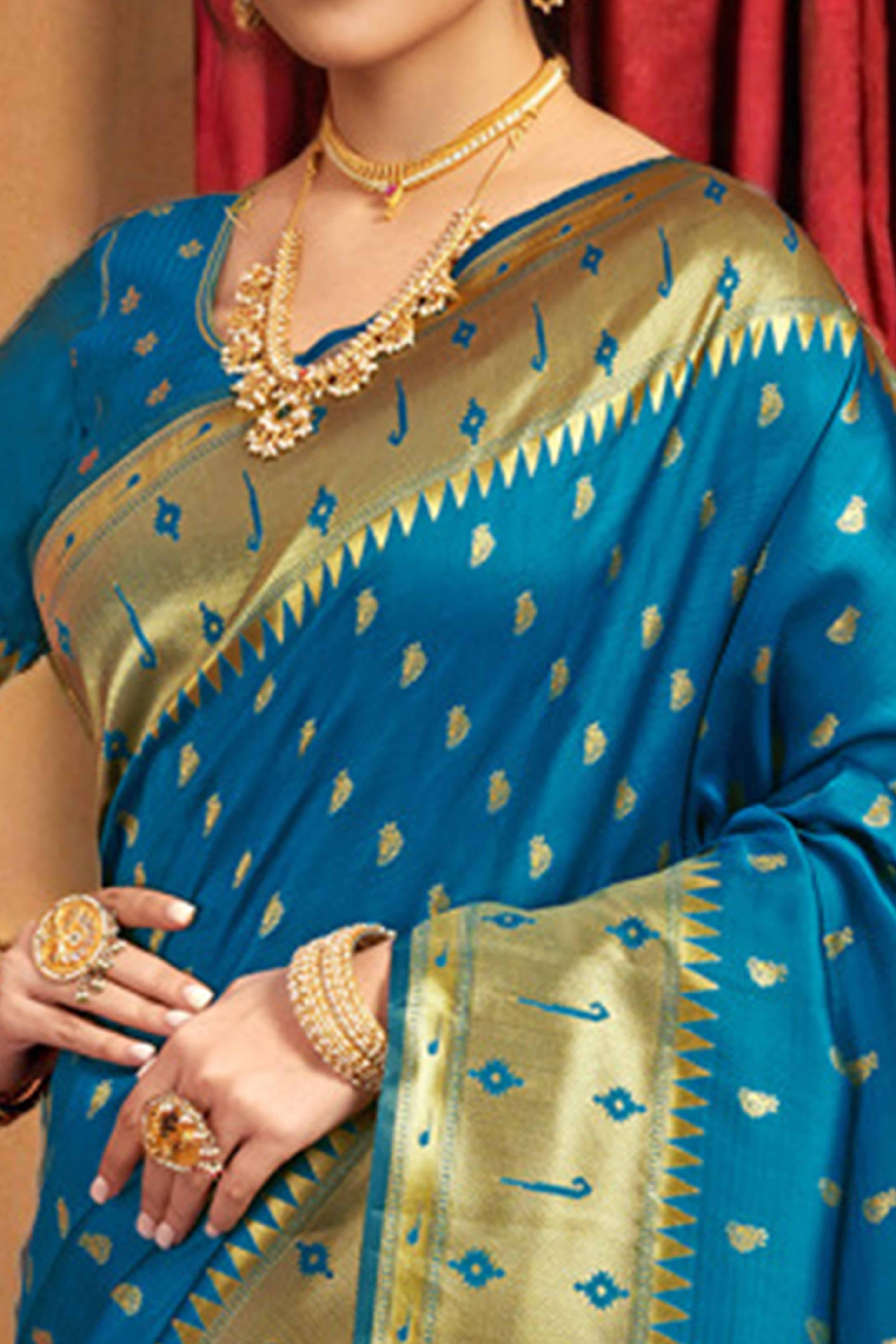 Blue Paithani Saree In Silk Blend Highlighted With Zari Woven Peacock & Floral Motifs