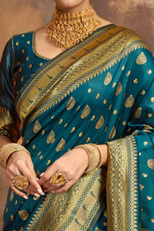 Morpich Blue Silk Blend Paithani Saree Showcasing Rich Zari Weaving With Birds & Floral Accents