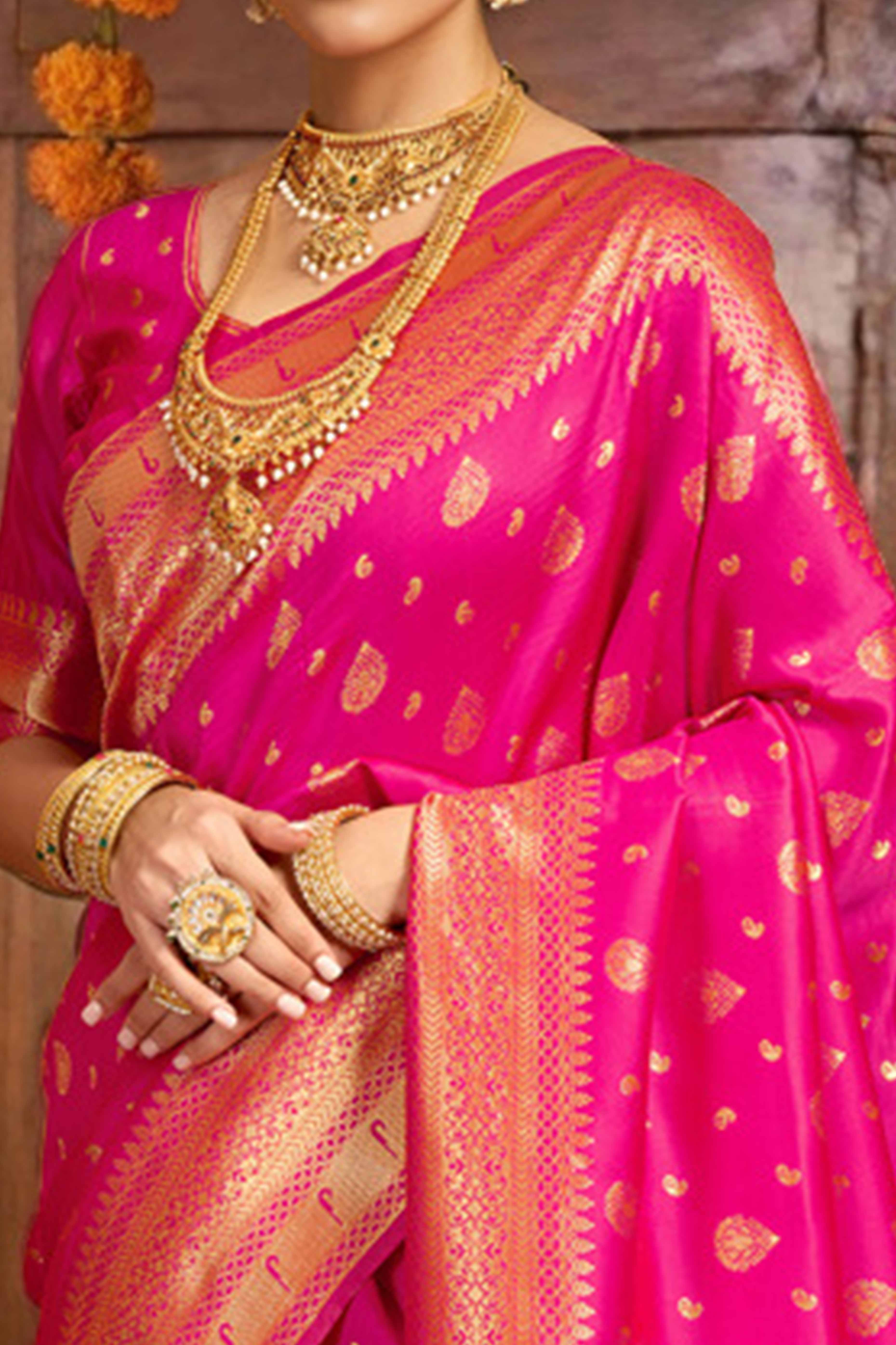 Pink Silk Blend Paithani Saree Showcasing Rich Zari Weaving With Birds & Floral Accents