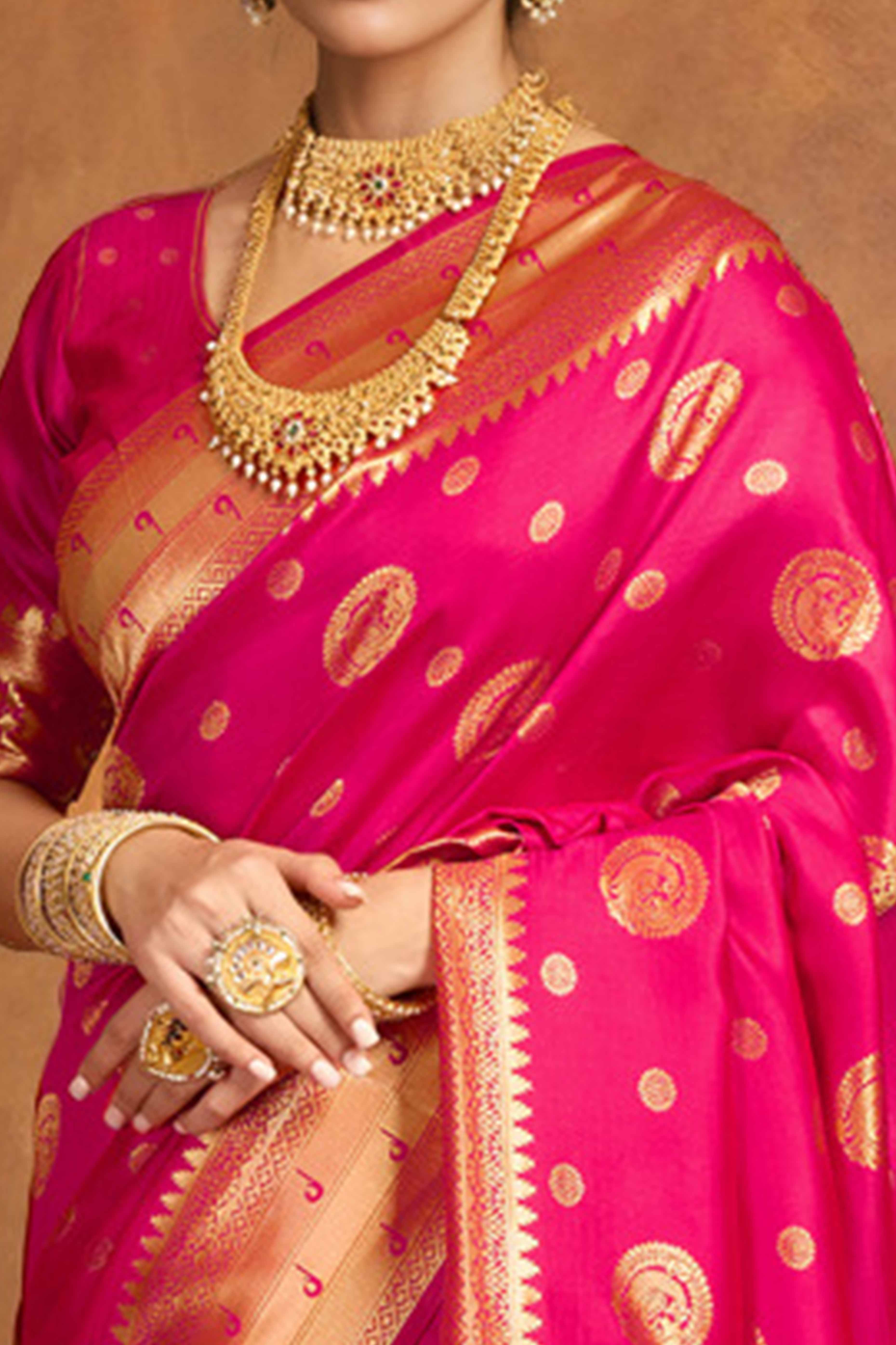 Pink Paithani Silk Blend Saree Embellished With Zari Peacock & Floral Woven Patterns