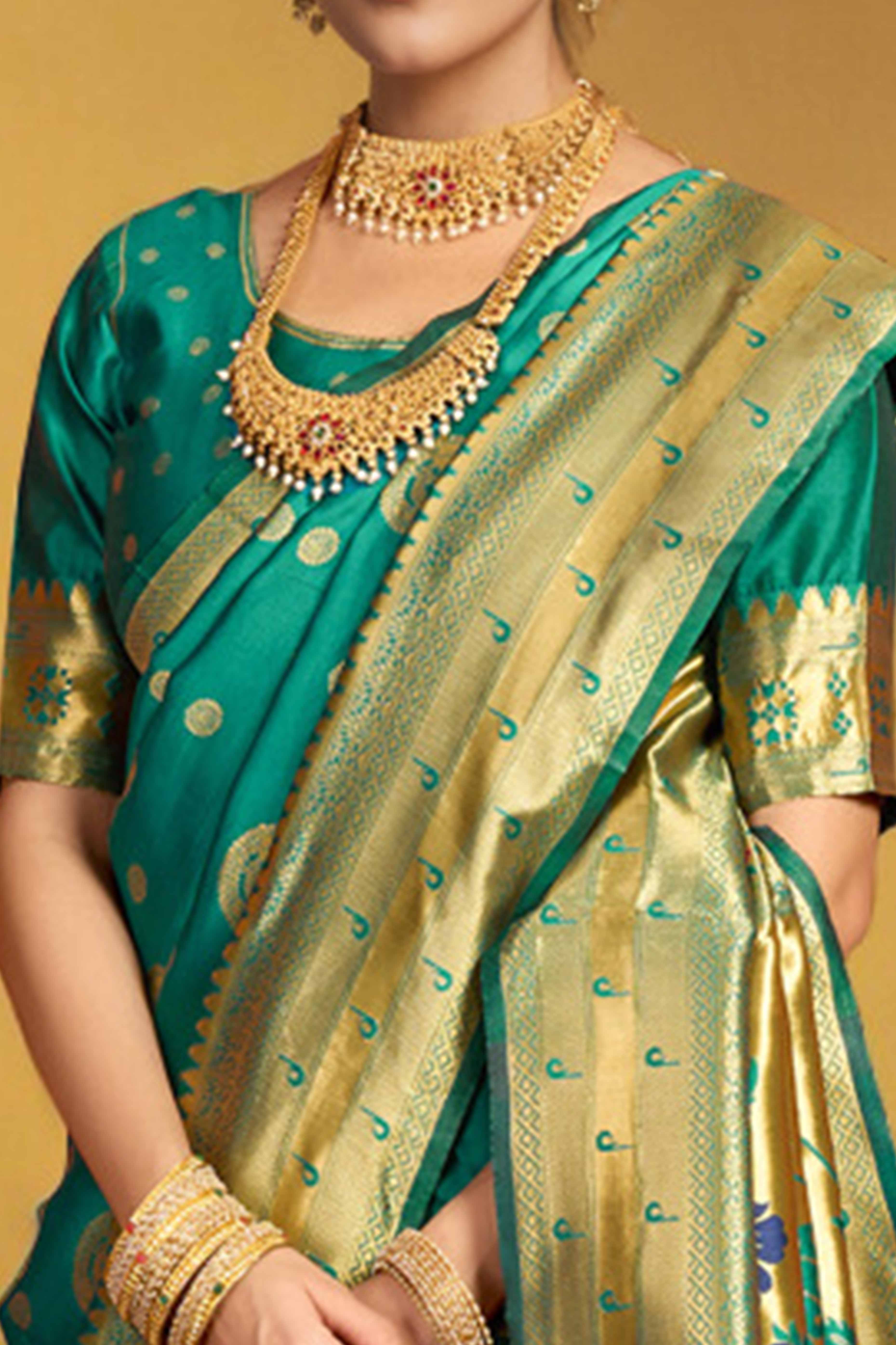 Rama Green Paithani Silk Blend Saree Embellished With Zari Peacock & Floral Woven Patterns