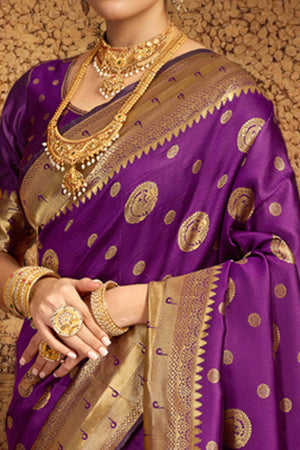 Purple Paithani Silk Blend Saree Embellished With Zari Peacock & Floral Woven Patterns