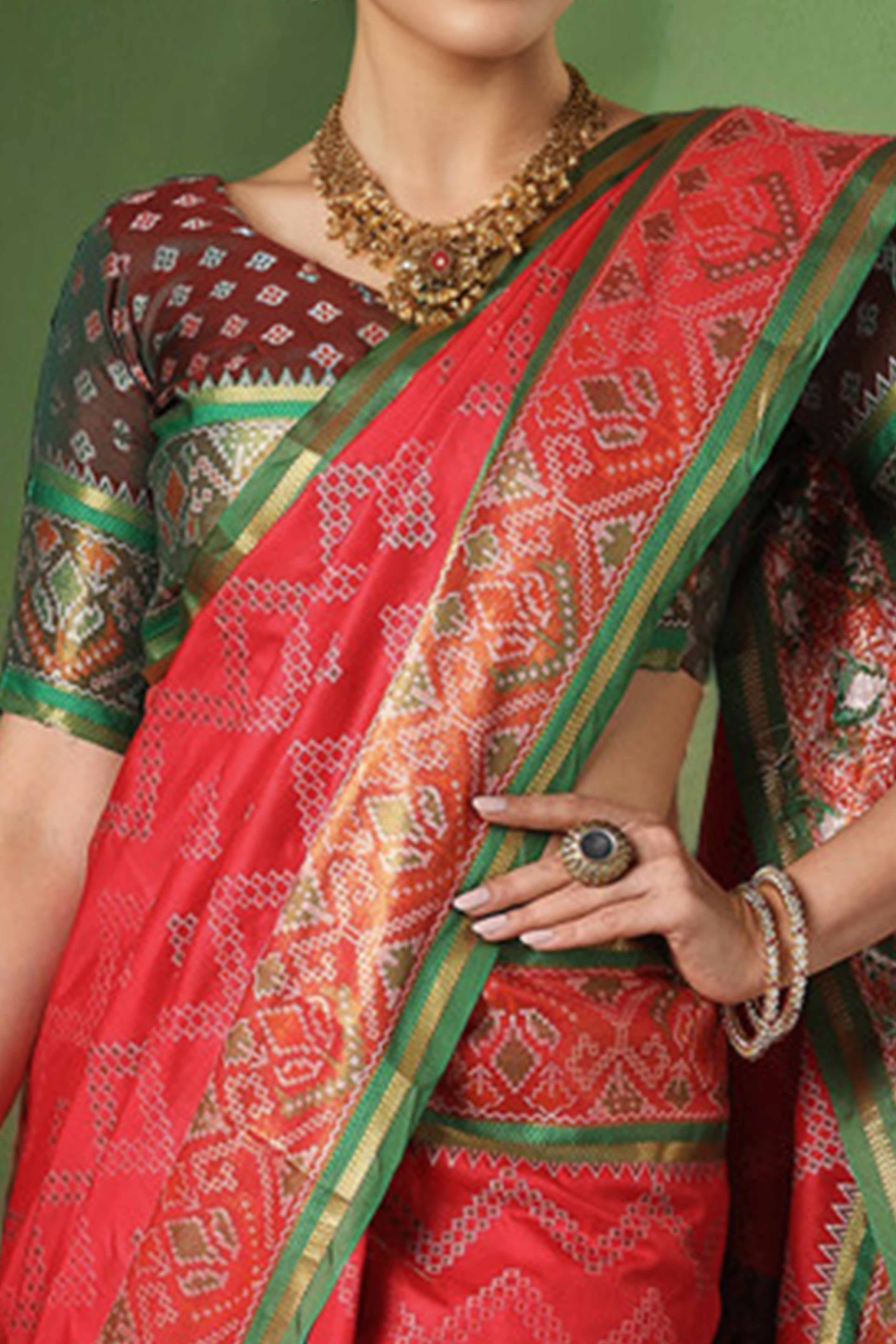 Red Silk Blend Saree With Traditional Zig Zag Patola Weaving & Tassel Pallu