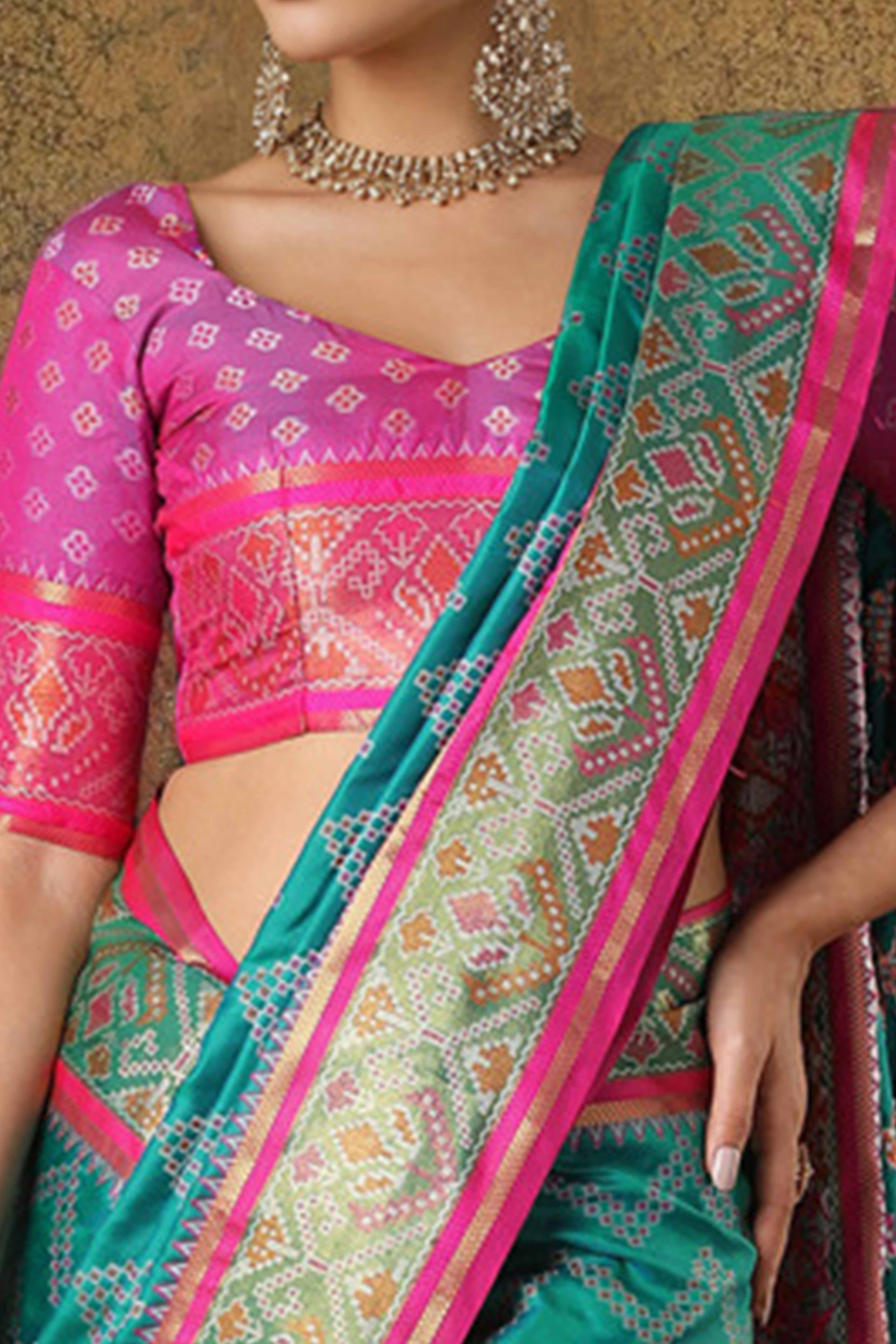Rama Blue Silk Blend Saree With Traditional Zig Zag Patola Weaving & Tassel Pallu