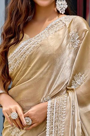 Beige Partywear Saree in Shimmer Chiffon with Sequins Embroidery