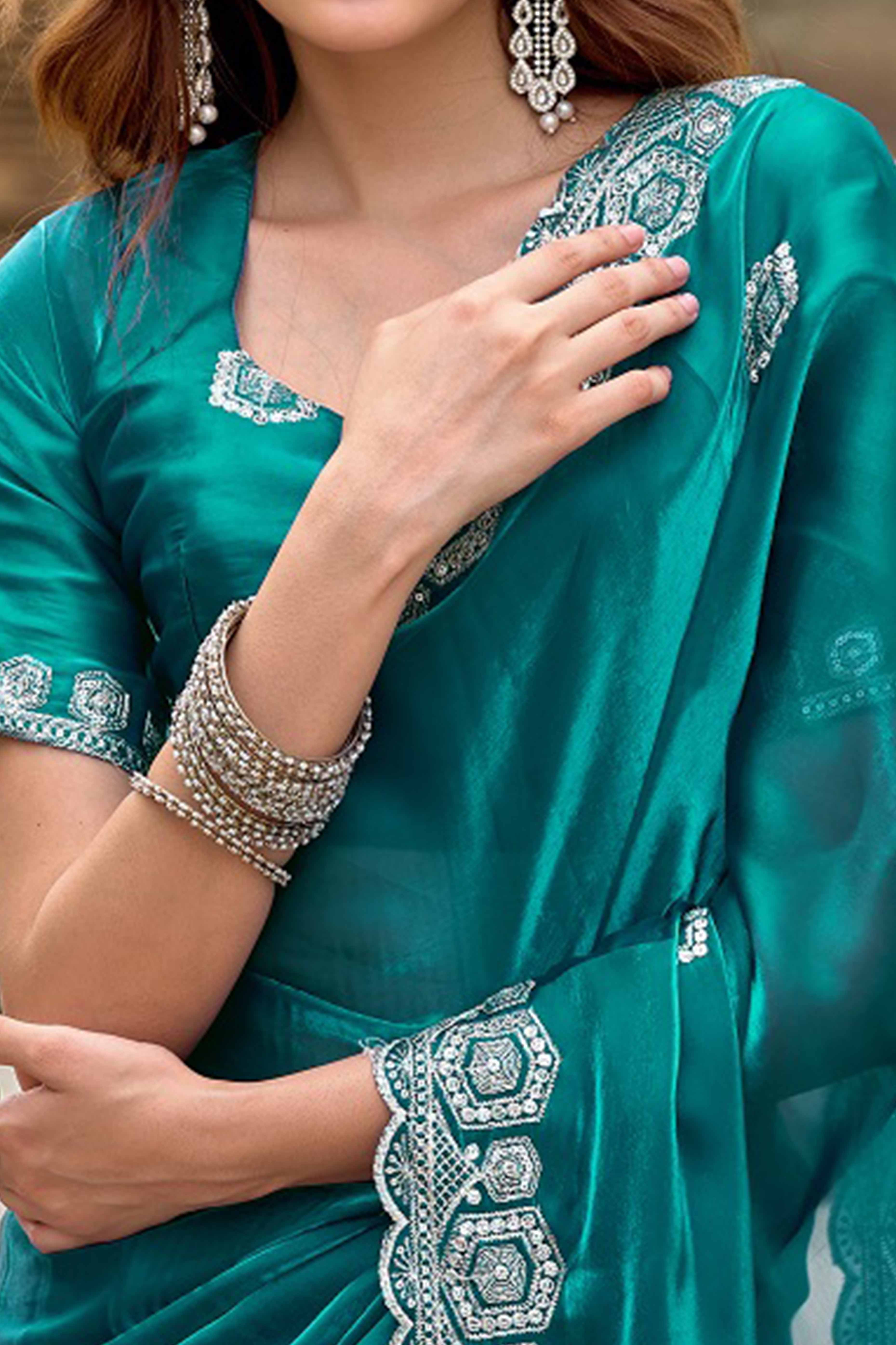 Shimmering Rama Green Chiffon Saree with Delicate Sequins Work