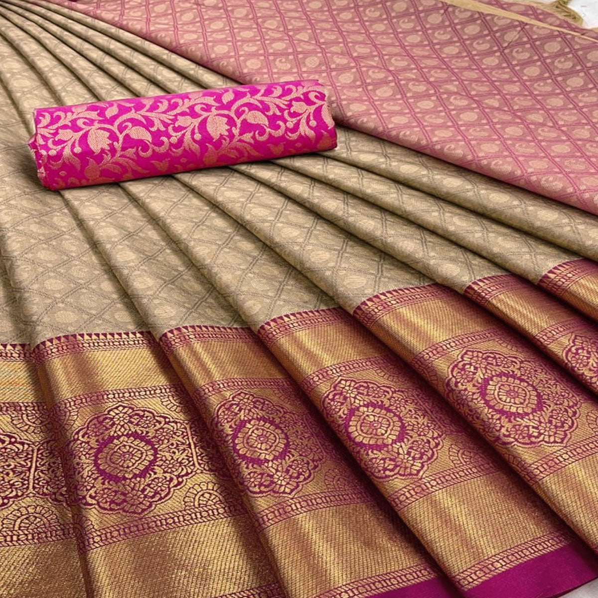Beige Silk Blend Saree With Detailed Zari Weaving & Tassel Embellishments