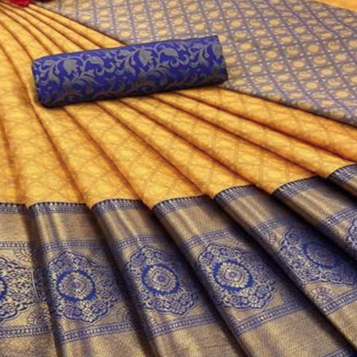 Mustard Silk Blend Saree With Detailed Zari Weaving & Tassel Embellishments