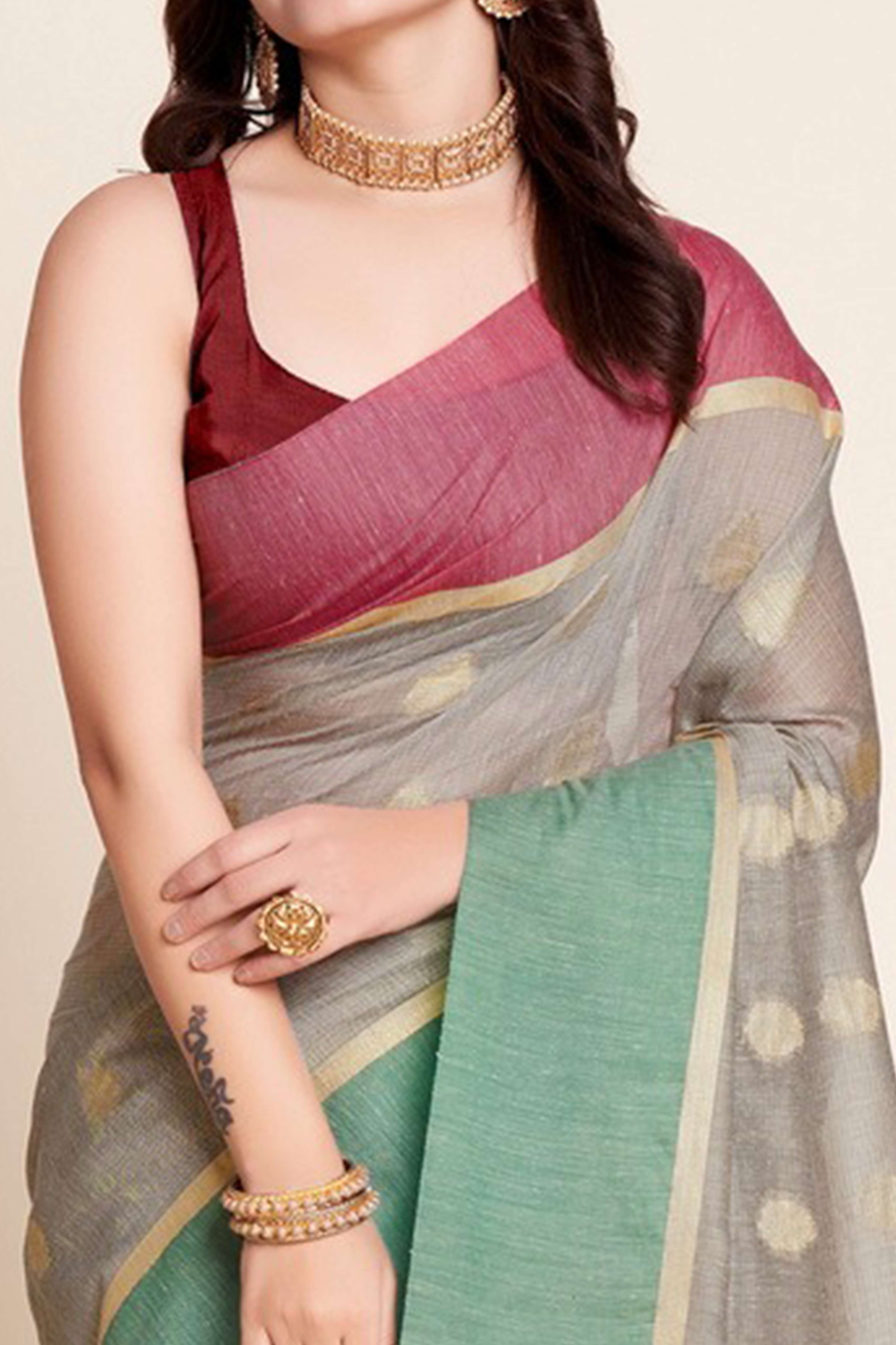 Grey Zari Weaving Cotton Silk Saree