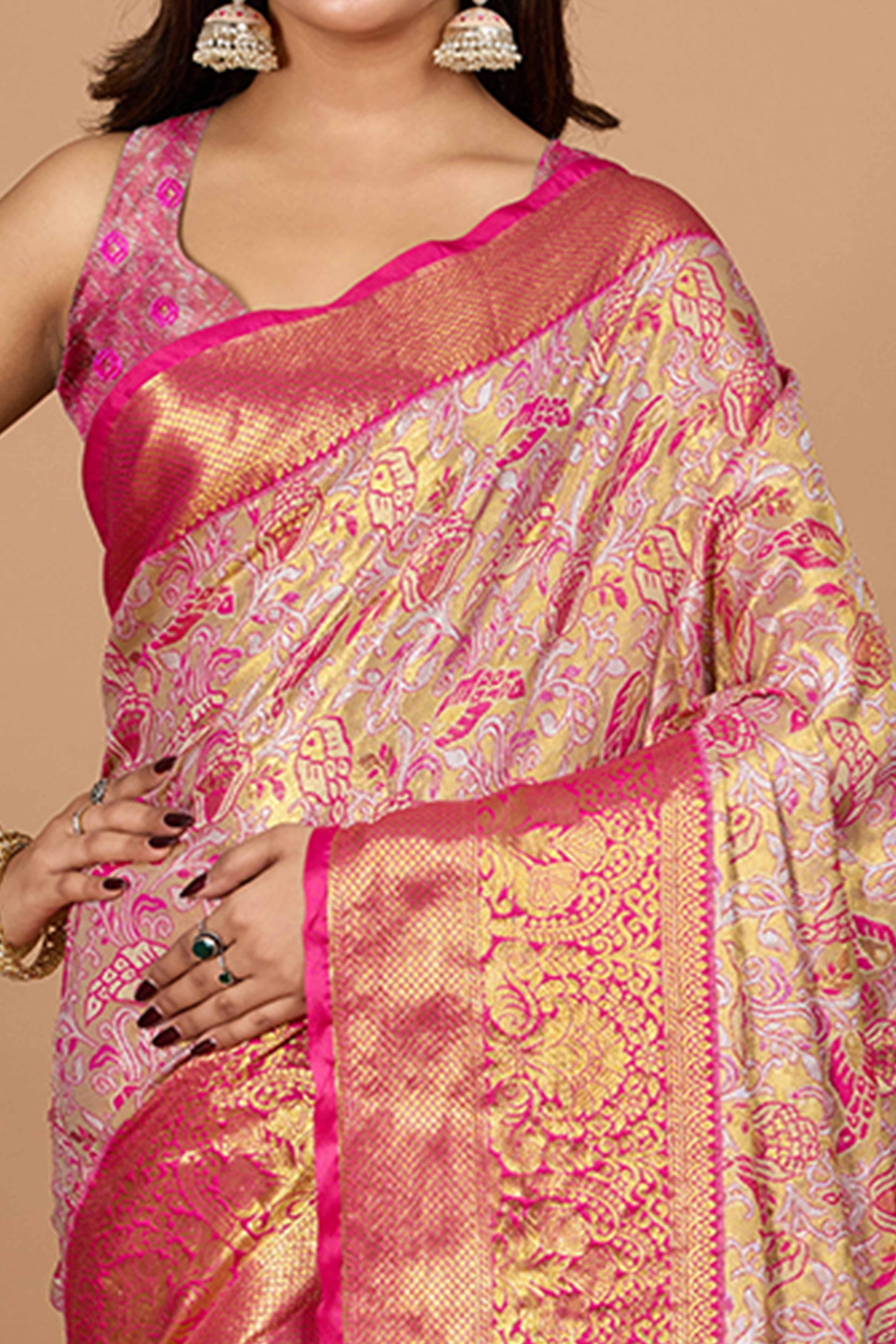 Rani Pink Kanjivaram Silk Saree Adorned With Exquisite Floral Zari Weaving