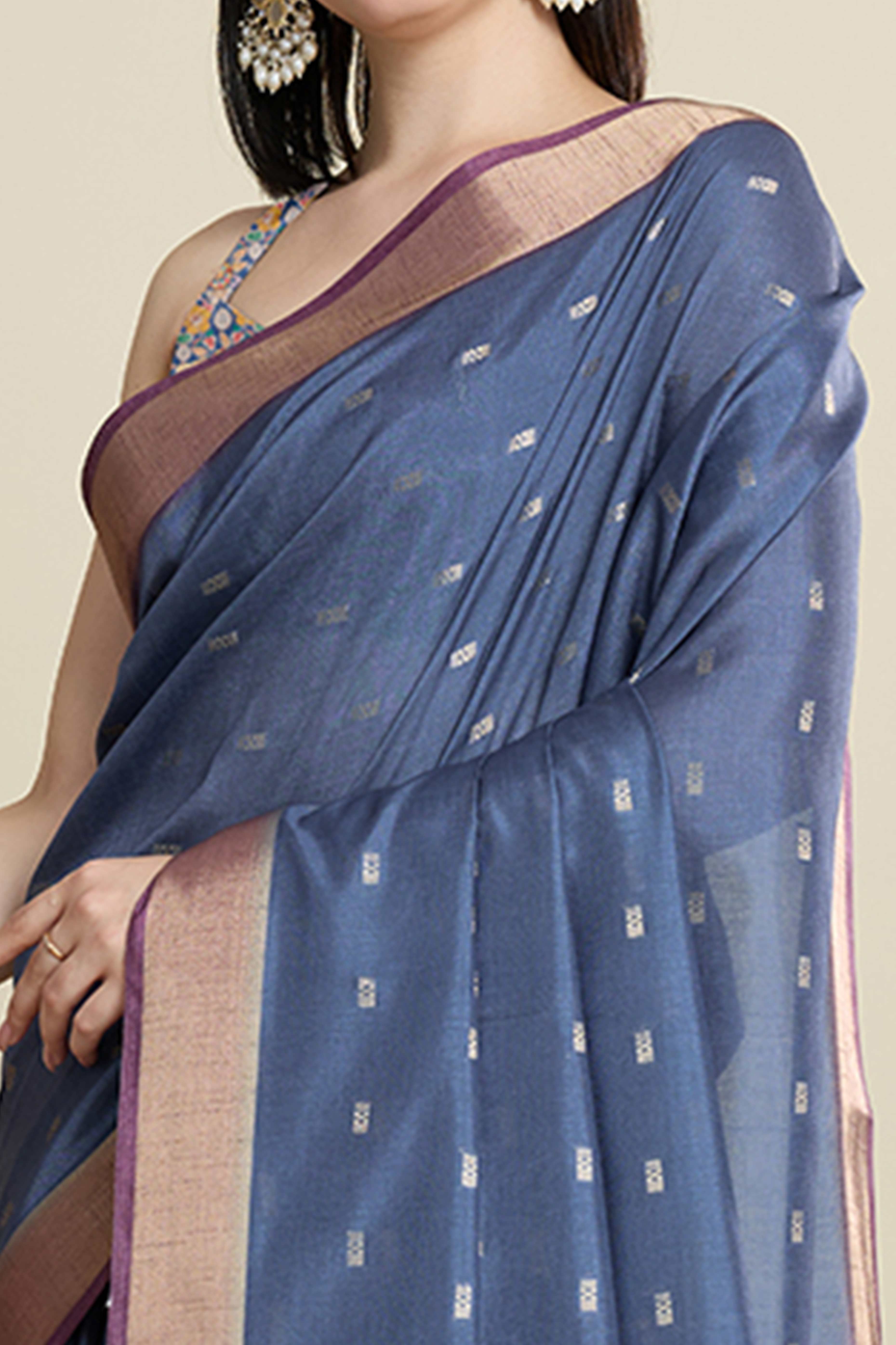 Blue Cotton Blend Saree with Traditional Weaving Butti Work and Gleaming Zari Border