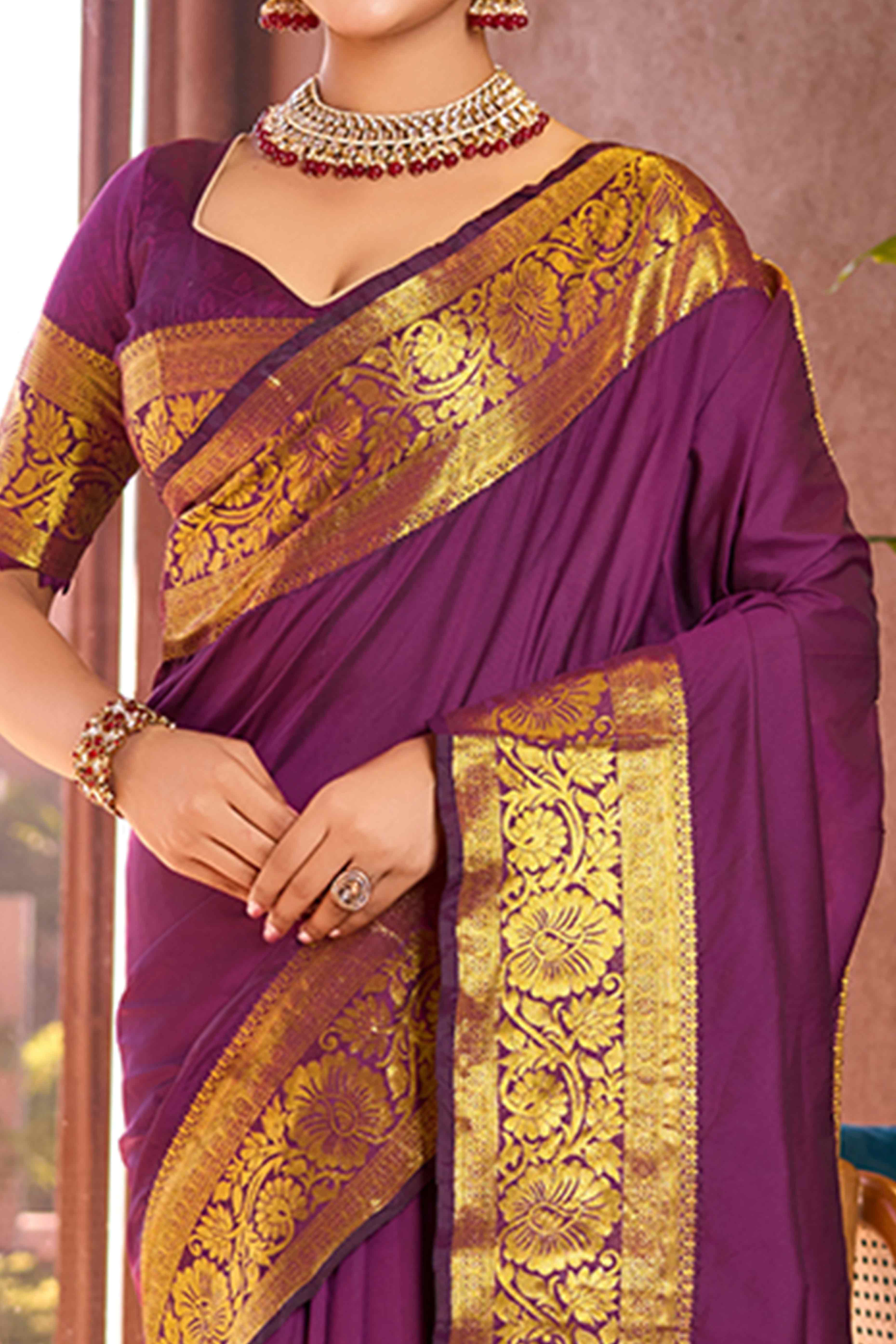 Let Your Style Shine With Purple Floral Woven Pure Silk Saree