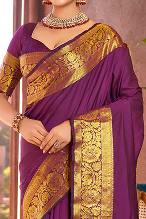 Let Your Style Shine With Purple Floral Woven Pure Silk Saree