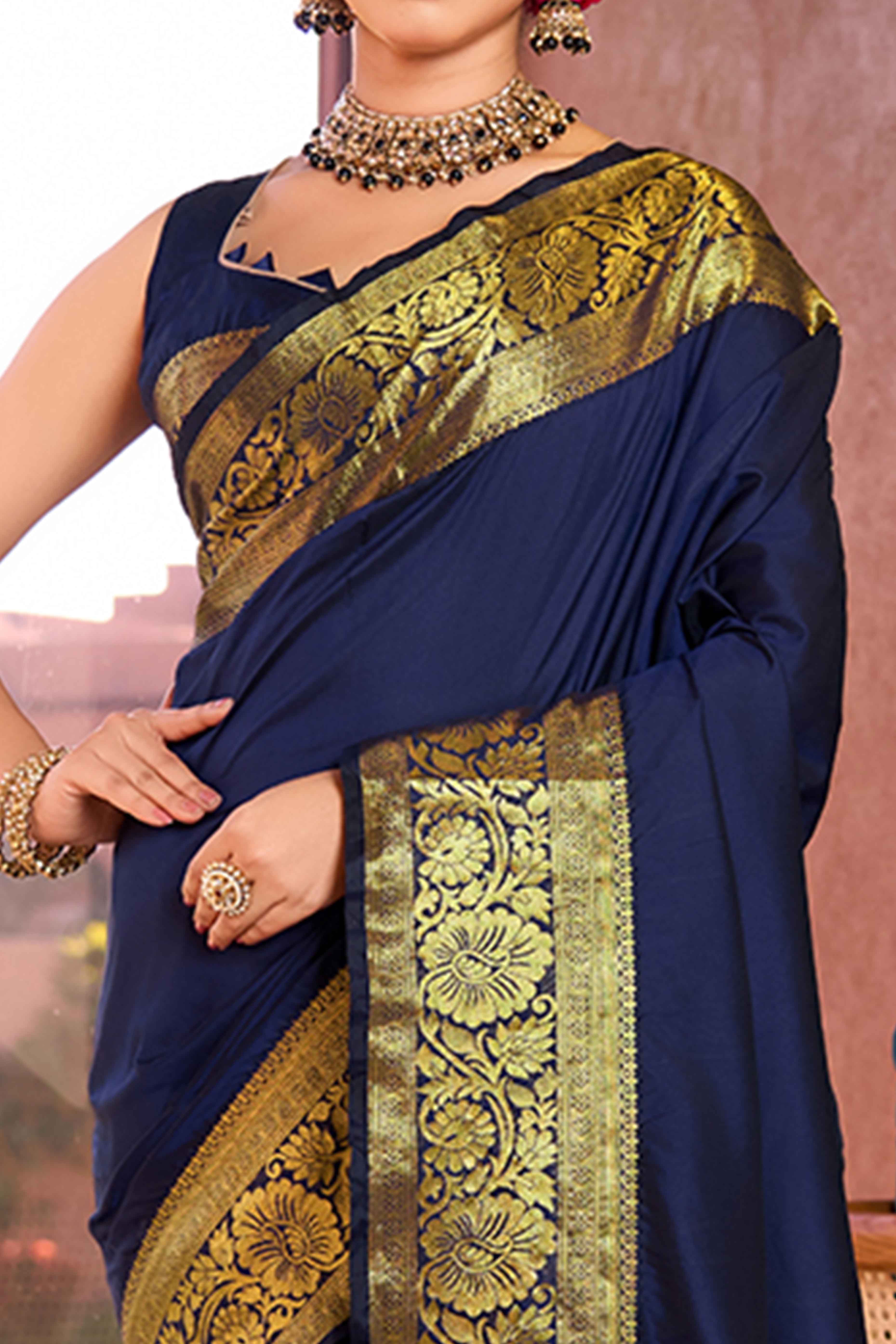 Unveil Your Grace In Navy Blue Floral Woven Pure Silk Saree