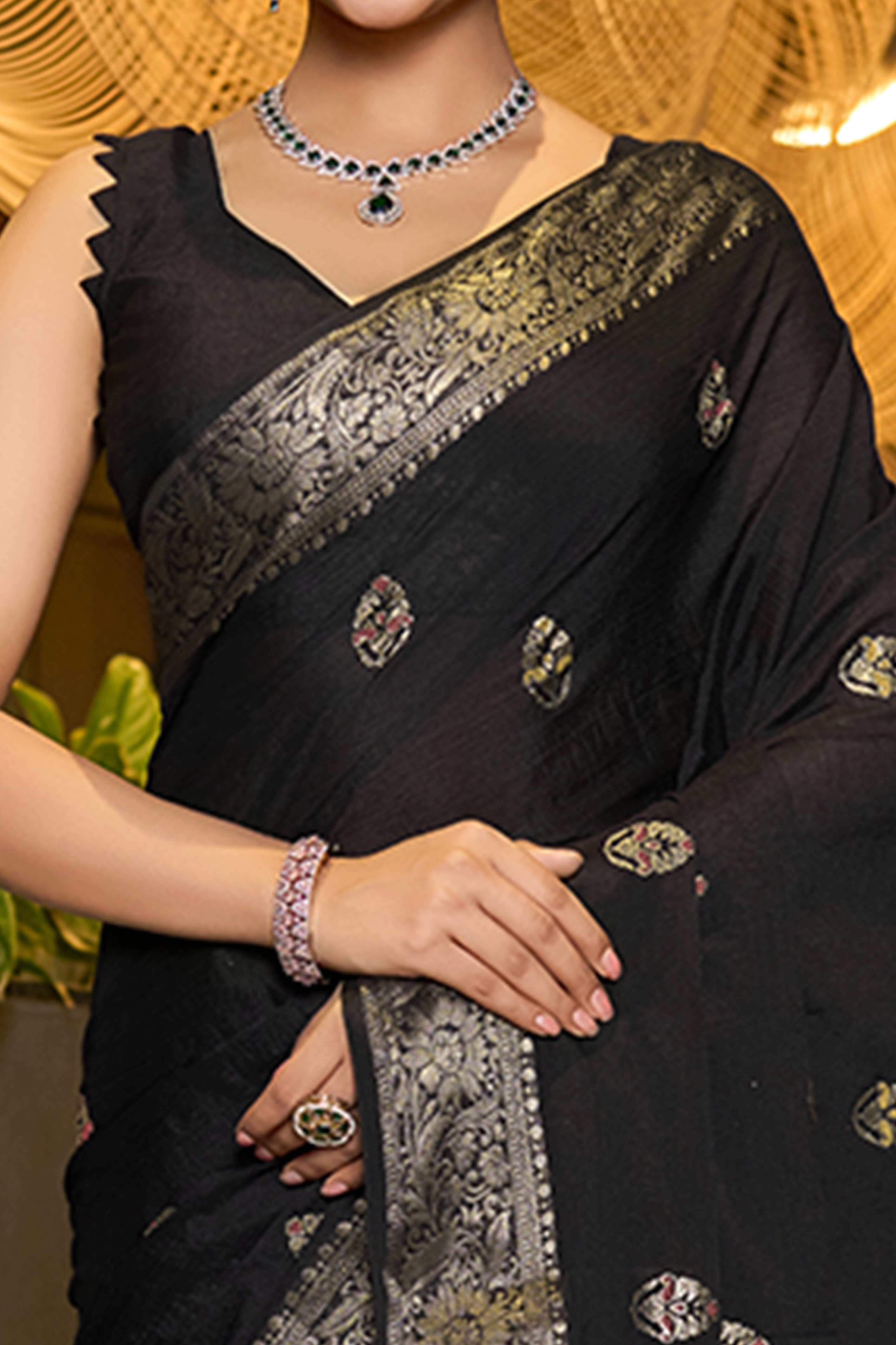 Feel The Luxury Of Black Floral Woven Chinon Silk Saree